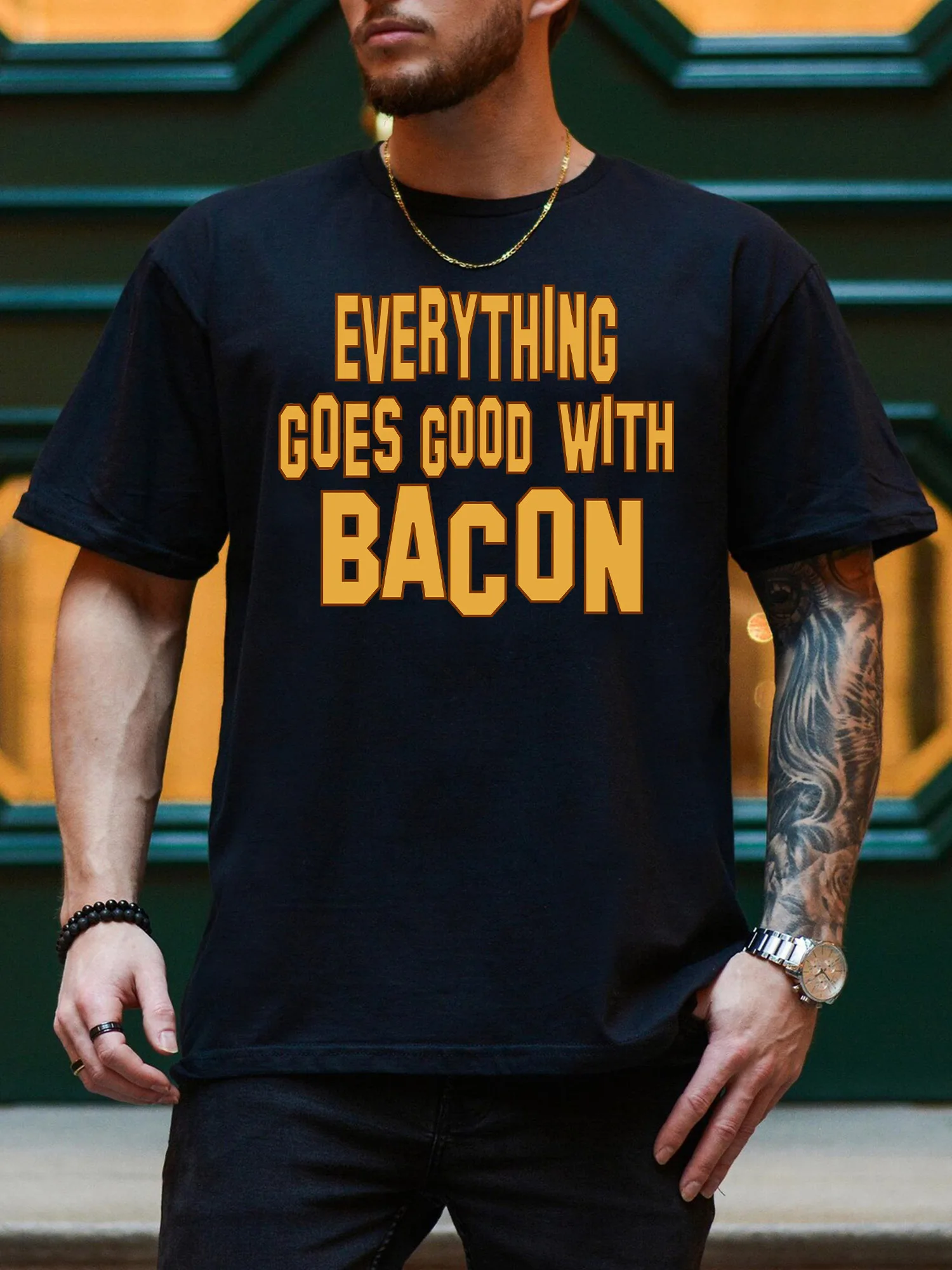 Everything Goes Good With Bacon Men's Graphic Tee, Pure Cotton Everyday Black T-Shirt, Lightweight Round Neck Tee
Everything Goes Good With Bacon Men's Graphic Tee, Pure Cotton Everyday Black T-Shirt, Lightweight Round Neck Tee