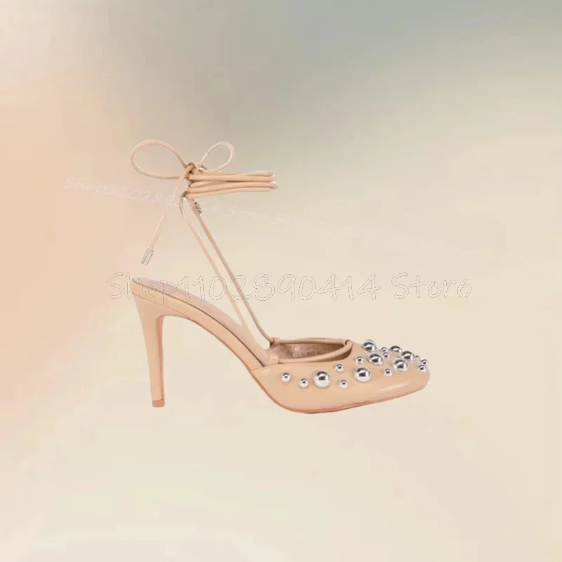 Silver Round Rivets Beige Round Toe Twine Pumps Lace Up Women Shoes Thin High Heels Fashion Party Feast 2025 Zapatos Para Mujere
Silver Round Rivets Beige Round Toe Twine Pumps Lace Up Women Shoes Thin High Heels Fashion Party Feast 2025 Zapatos Para Mujere