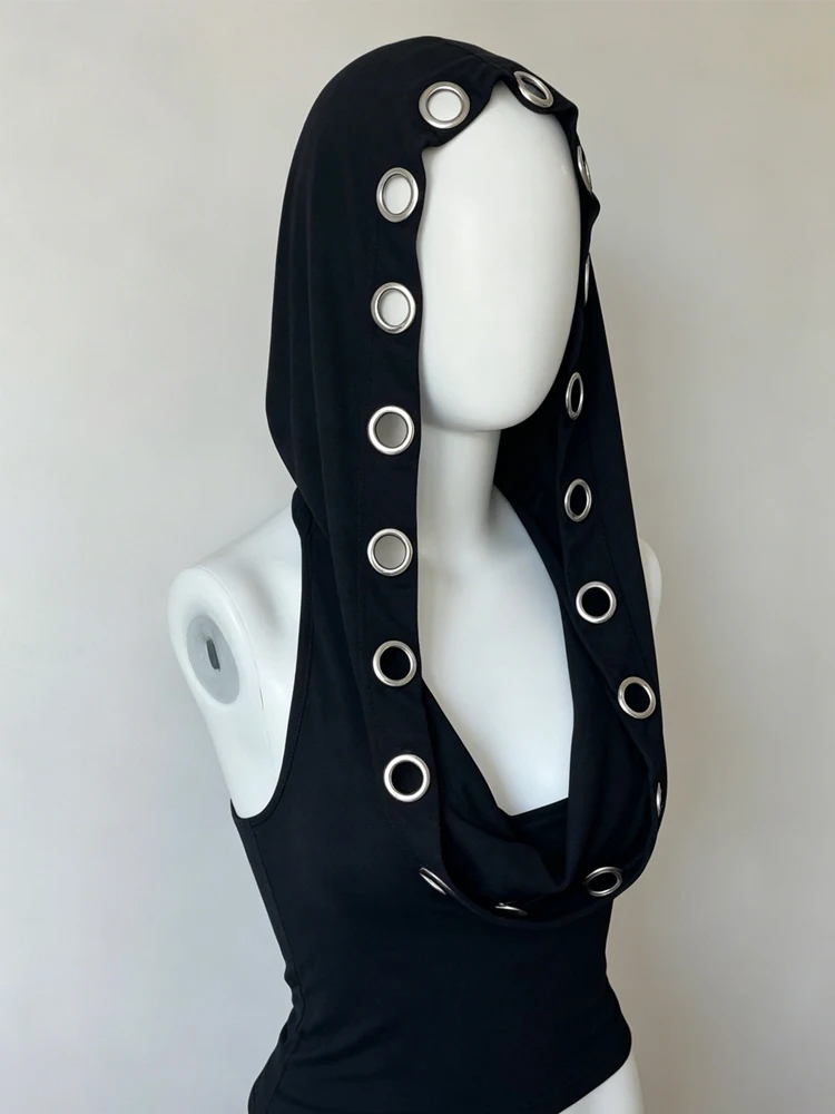Y2K Gothic women's hooded round neck vest with eyelets trim, sleeveless, slim fit black streetwear, tight aesthetic casual top
Y2K Gothic women's hooded round neck vest with eyelets trim, sleeveless, slim fit black streetwear, tight aesthetic casual top