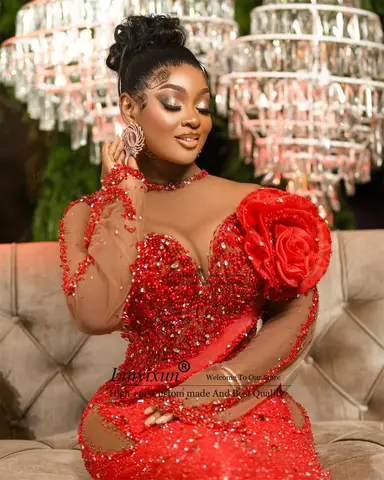 Luxury Beaded Rhinestones Prom Dress Glitter Sequins Mermaid Evening Party Gown Customized Lone Sleeves Flowers Robe De Soiree