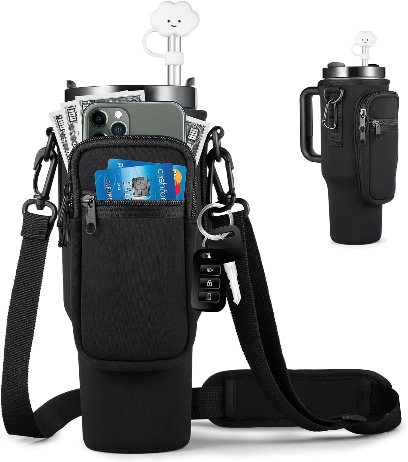 Black Water Bottle Carrier Bag with Pocket for 40&30oz Tumbler with Handle,Straw Cover Carabiner for Cup Accessories
Black Water Bottle Carrier Bag with Pocket for 40&30oz Tumbler with Handle,Straw Cover Carabiner for Cup Accessories