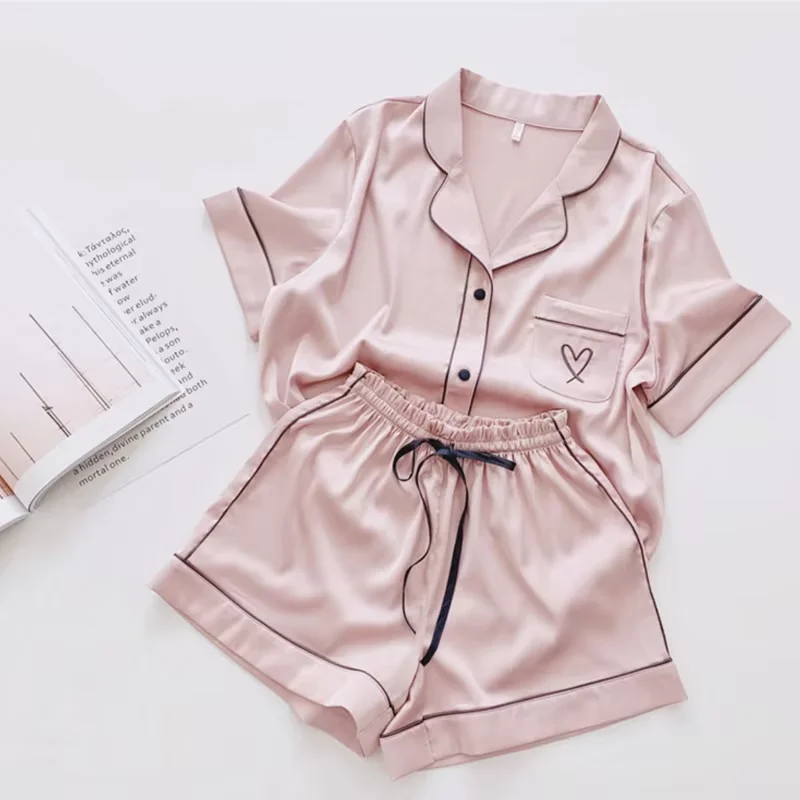 Luxury Women's Summer Pajamas Set - Ice Silk Love Embroidery Short-Sleeved Top with Comfy Shorts
Luxury Women's Summer Pajamas Set - Ice Silk Love Embroidery Short-Sleeved Top with Comfy Shorts