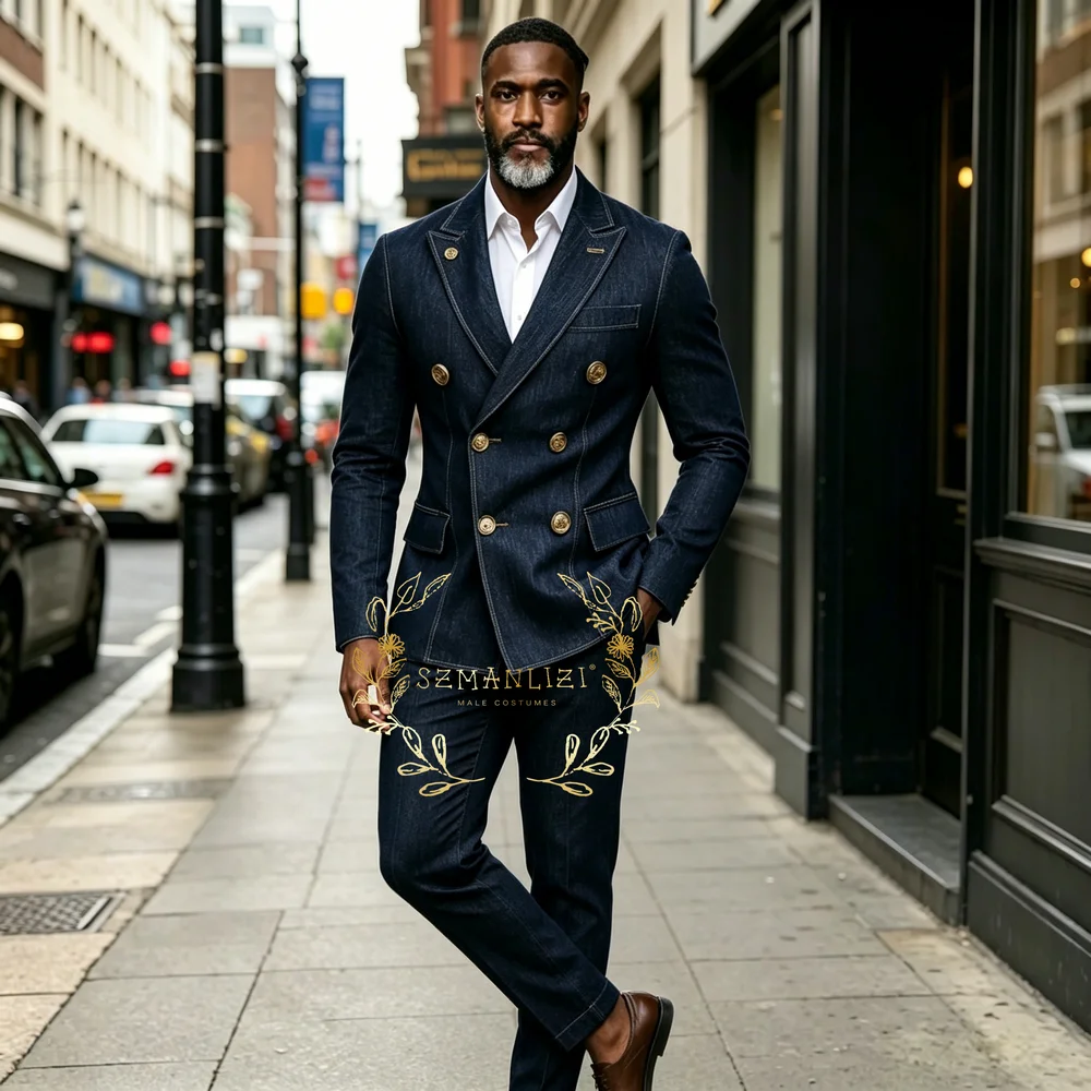 Formal Men's Suits Denim Double Breasted Blazer High Quality Navy Blue 2 Piece Jacket Pants Sets Male Clothing Costume Homme
Formal Men's Suits Denim Double Breasted Blazer High Quality Navy Blue 2 Piece Jacket Pants Sets Male Clothing Costume Homme