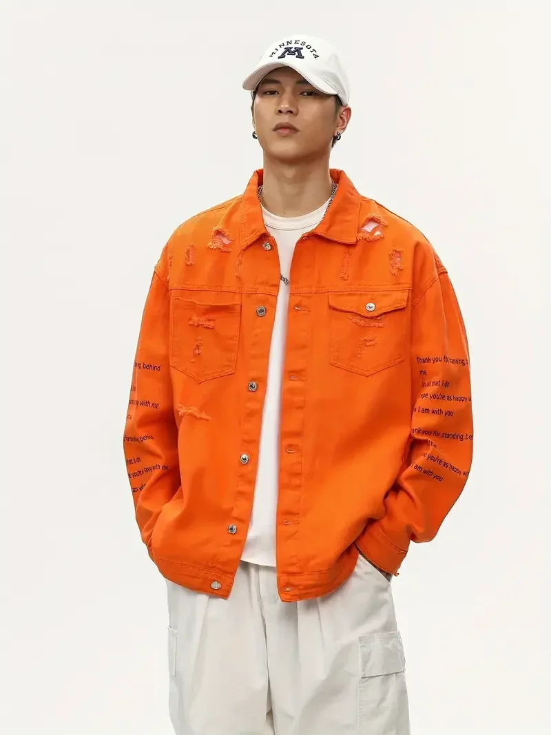 Men's Casual Street Denim Jacket Style Lapel Denim Jacket For Spring Fall Chic Raw Trim Letter Print Denim Jacket
Men's Casual Street Denim Jacket Style Lapel Denim Jacket For Spring Fall Chic Raw Trim Letter Print Denim Jacket