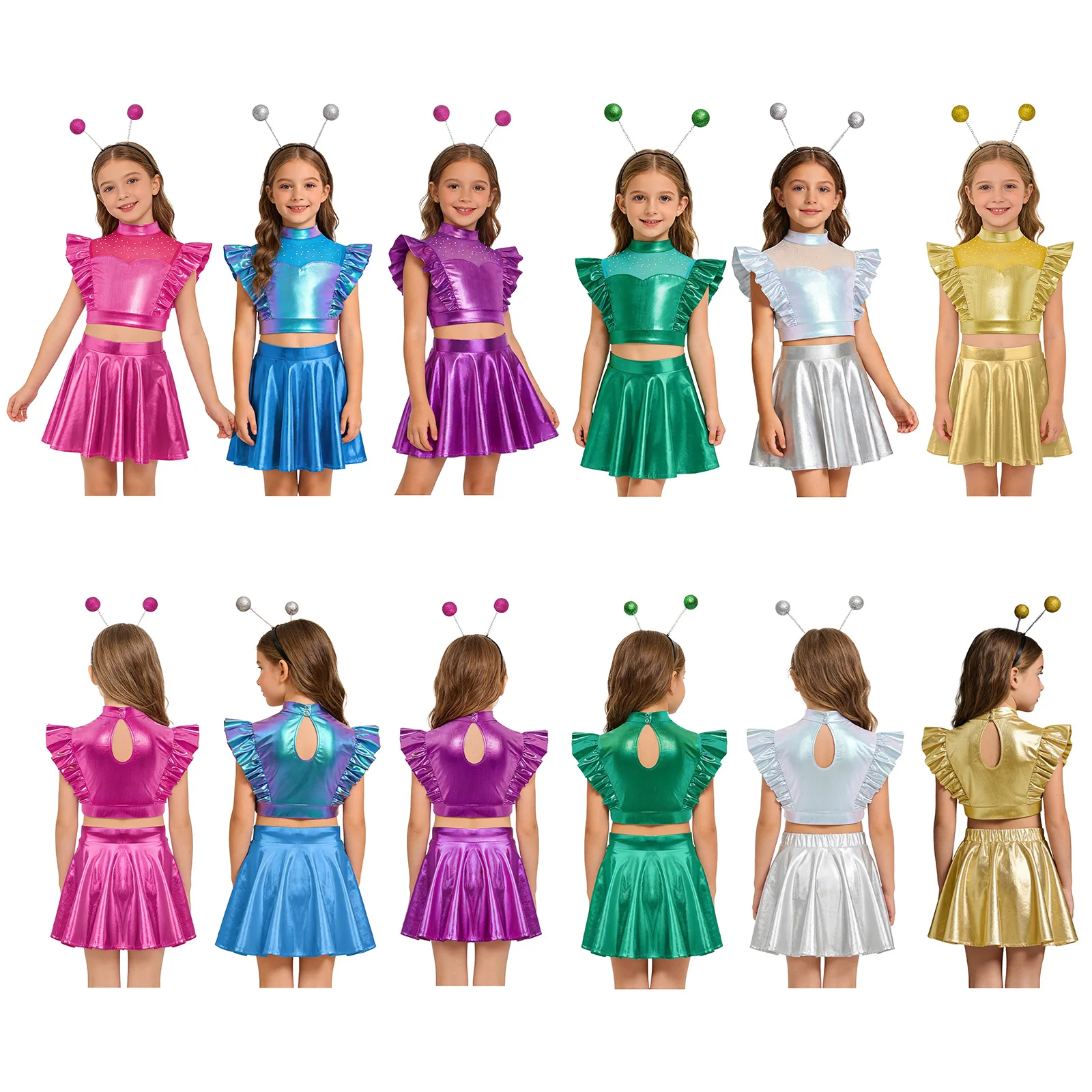Girls Futuristic Alien Cosplay Outfit 3 Piece Metallic Rhinestone Sleeveless Ruffle Crop Top with Skirt Hair Hoop Theme Party
Girls Futuristic Alien Cosplay Outfit 3 Piece Metallic Rhinestone Sleeveless Ruffle Crop Top with Skirt Hair Hoop Theme Party