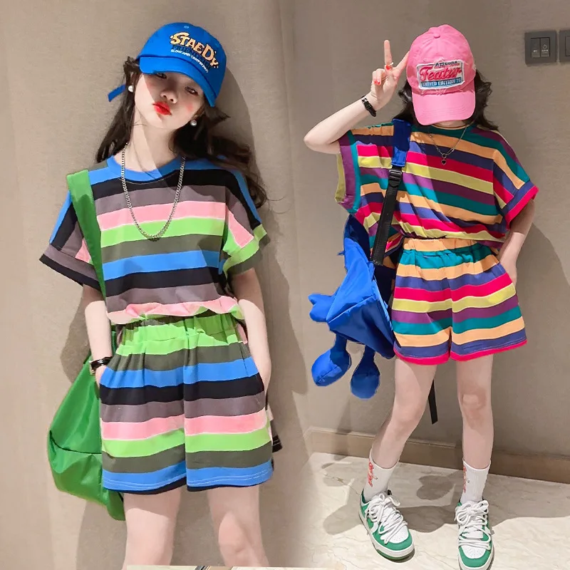 2024 Girls' Leisure Fashion Set 2024 Summer New Middle Big Children's Rainbow Stripe Short Sleeved T-Shirts And Shorts
2024 Girls' Leisure Fashion Set 2024 Summer New Middle Big Children's Rainbow Stripe Short Sleeved T-Shirts And Shorts