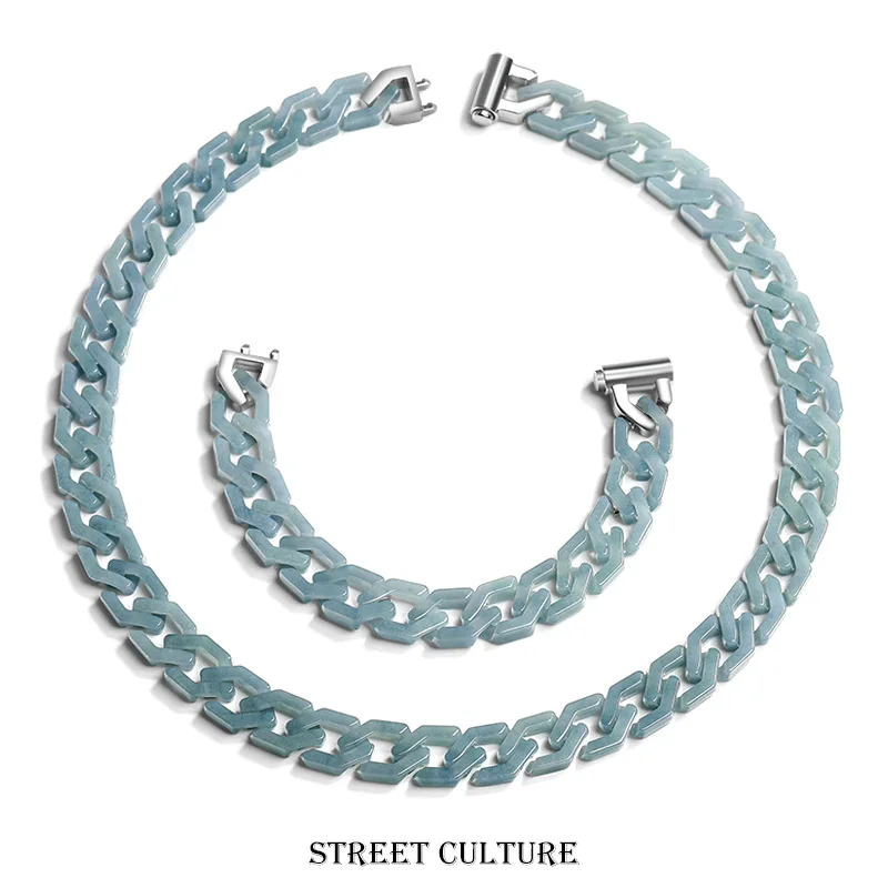 Natural Jadeite Blue Water Rectangular Cuban Link Bracelet Necklace Jade Titanium Steel HipHop Fashion Jewelry for Men and Women
Natural Jadeite Blue Water Rectangular Cuban Link Bracelet Necklace Jade Titanium Steel HipHop Fashion Jewelry for Men and Women