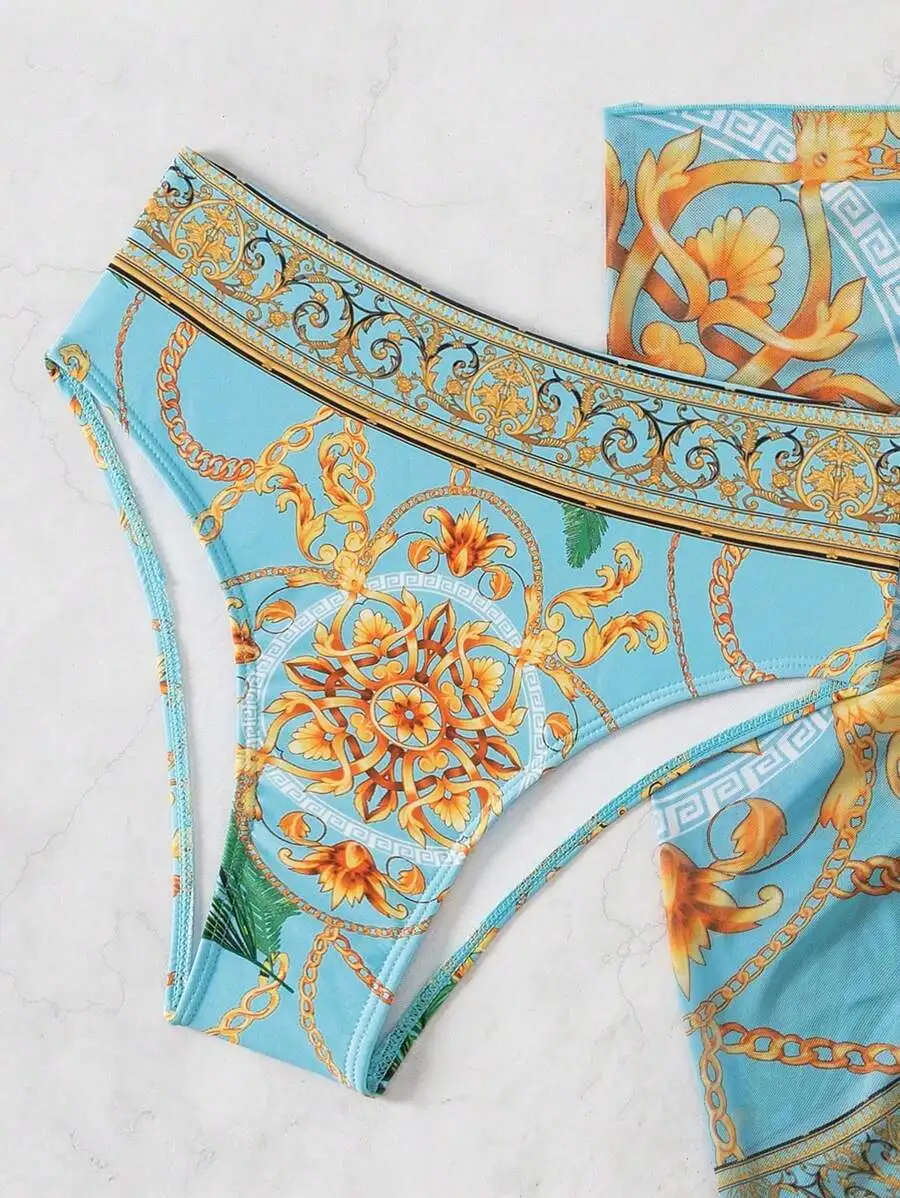 Womens Summer Beach Printed Chain Bikini Set With Cover-Up
Womens Summer Beach Printed Chain Bikini Set With Cover-Up