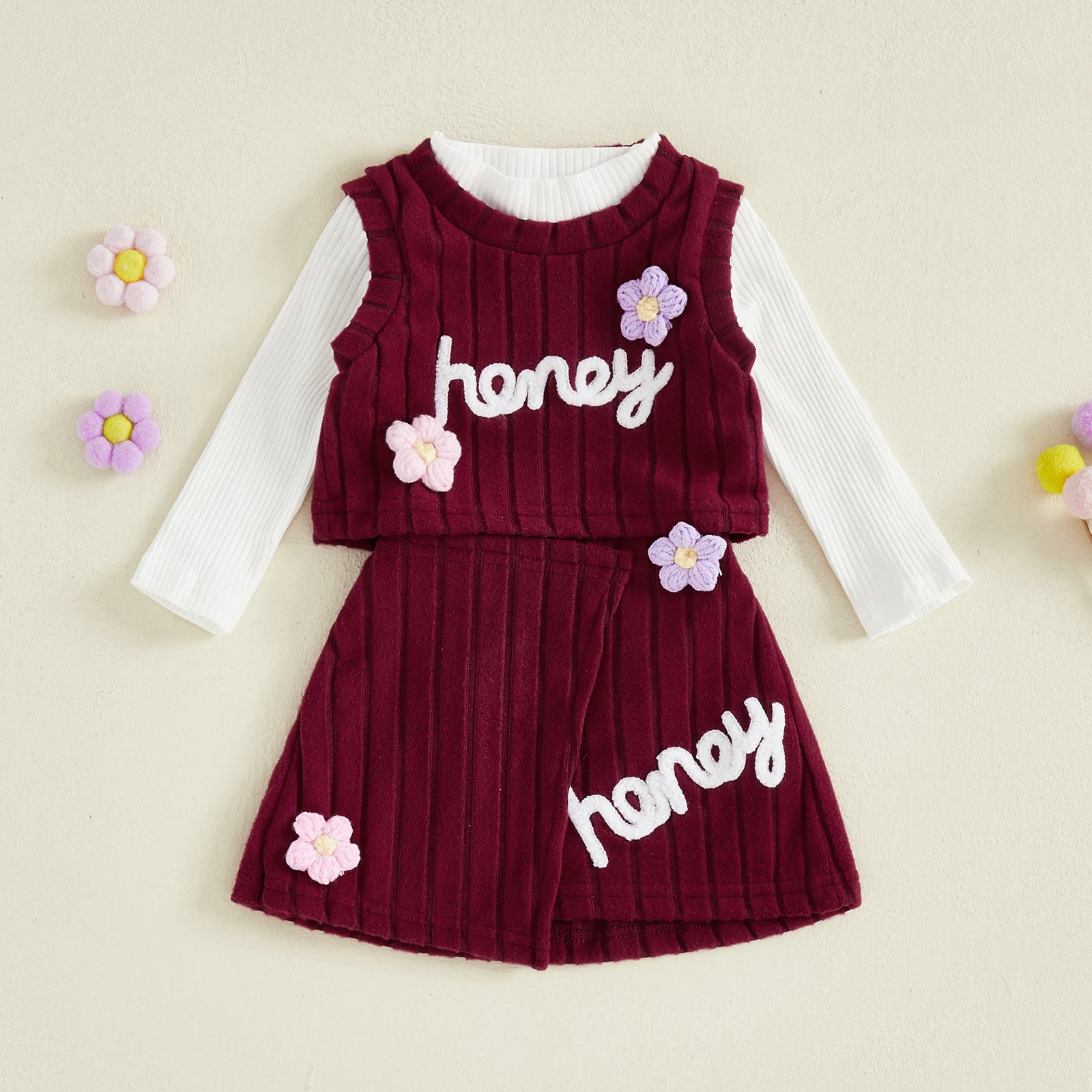 Baby Girls Fall 3Pcs Outfit Long Sleeve Round Neck Solid Color Tops Letter Flower Embroidery Vest Elastic Waist Skirt Set
Baby Girls Fall 3Pcs Outfit Long Sleeve Round Neck Solid Color Tops Letter Flower Embroidery Vest Elastic Waist Skirt Set