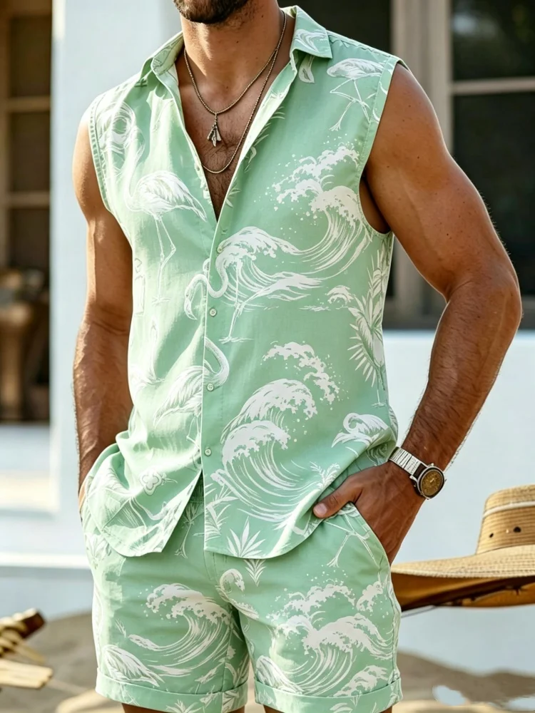 Men's Sleeveless Button-Down Shirt & Shorts Set, Loose Comfort Mint Green Flamingo & Wave Print Casual Summer Outfit
Men's Sleeveless Button-Down Shirt & Shorts Set, Loose Comfort Mint Green Flamingo & Wave Print Casual Summer Outfit