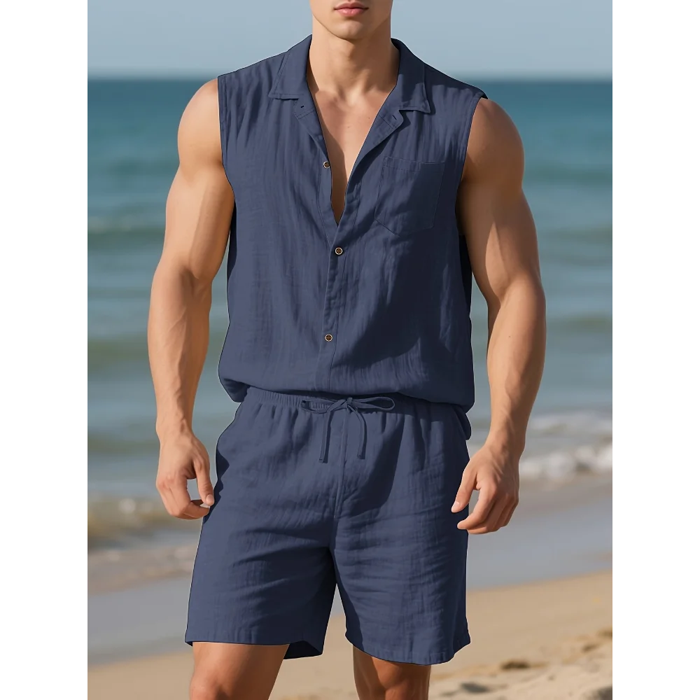 Summer 2 Pcs Set, Loose Linen Men's Beach Casual Trend Sleeveless Shirt Shorts, Suitable for Outdoor Travel Vacation in Summer
Summer 2 Pcs Set, Loose Linen Men's Beach Casual Trend Sleeveless Shirt Shorts, Suitable for Outdoor Travel Vacation in Summer