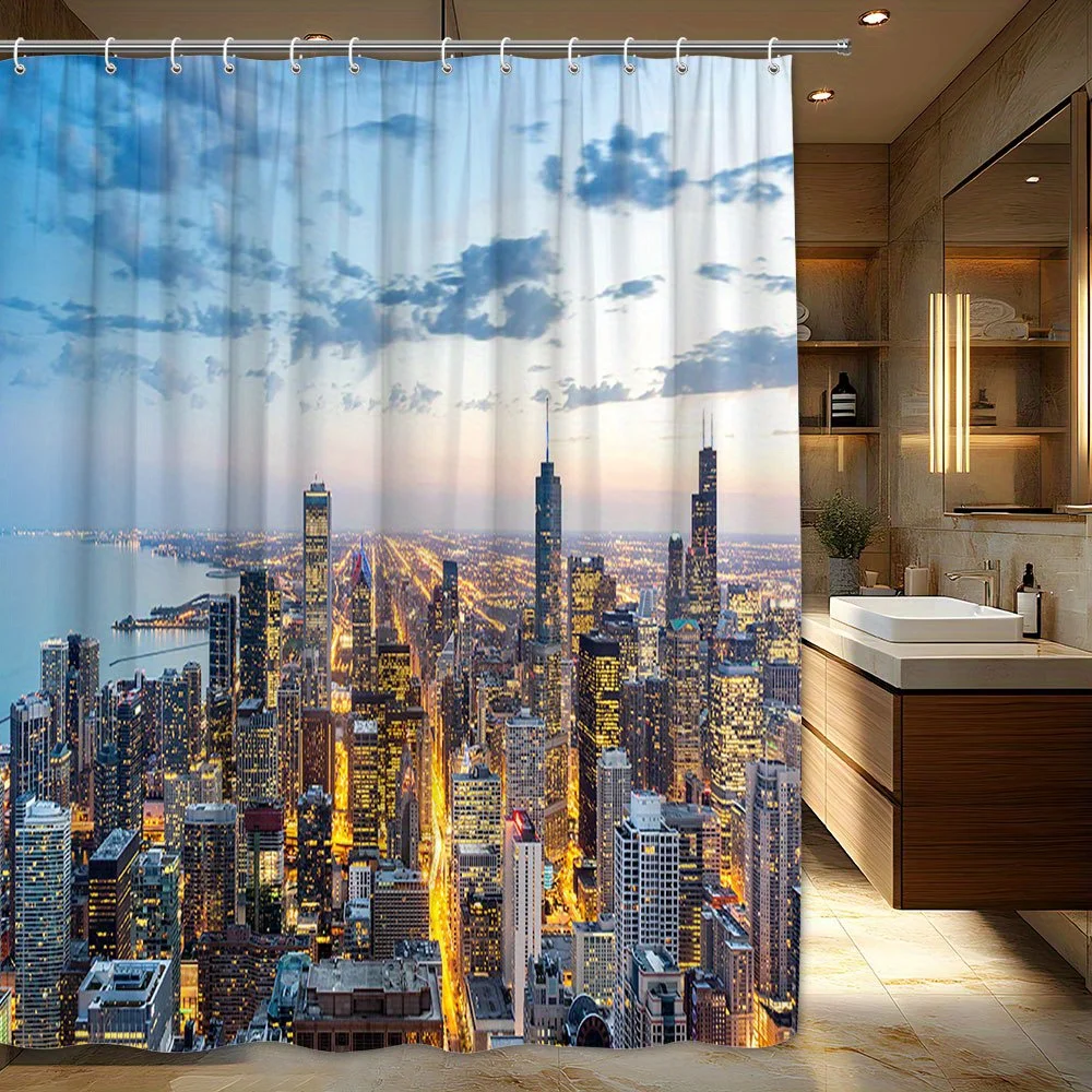 Занавеска для душа Chicago Skyline, городской пейзаж с сумерками, золотой закат, полиэстер, 12 крючков, можно стирать в машине
Занавеска для душа Chicago Skyline, городской пейзаж с сумерками, золотой закат, полиэстер, 12 крючков, можно стирать в машине