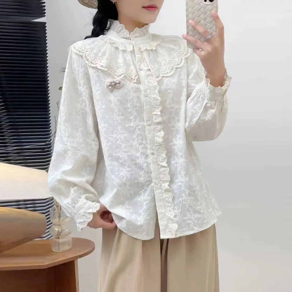 Japanese Sweet Mori Girl Solid Color Embroidery Cotton Shirts Women Autumn New Stand Collar Long Sleeve Casual Loose Blouse Tops 
Japanese Sweet Mori Girl Solid Color Embroidery Cotton Shirts Women Autumn New Stand Collar Long Sleeve Casual Loose Blouse Tops