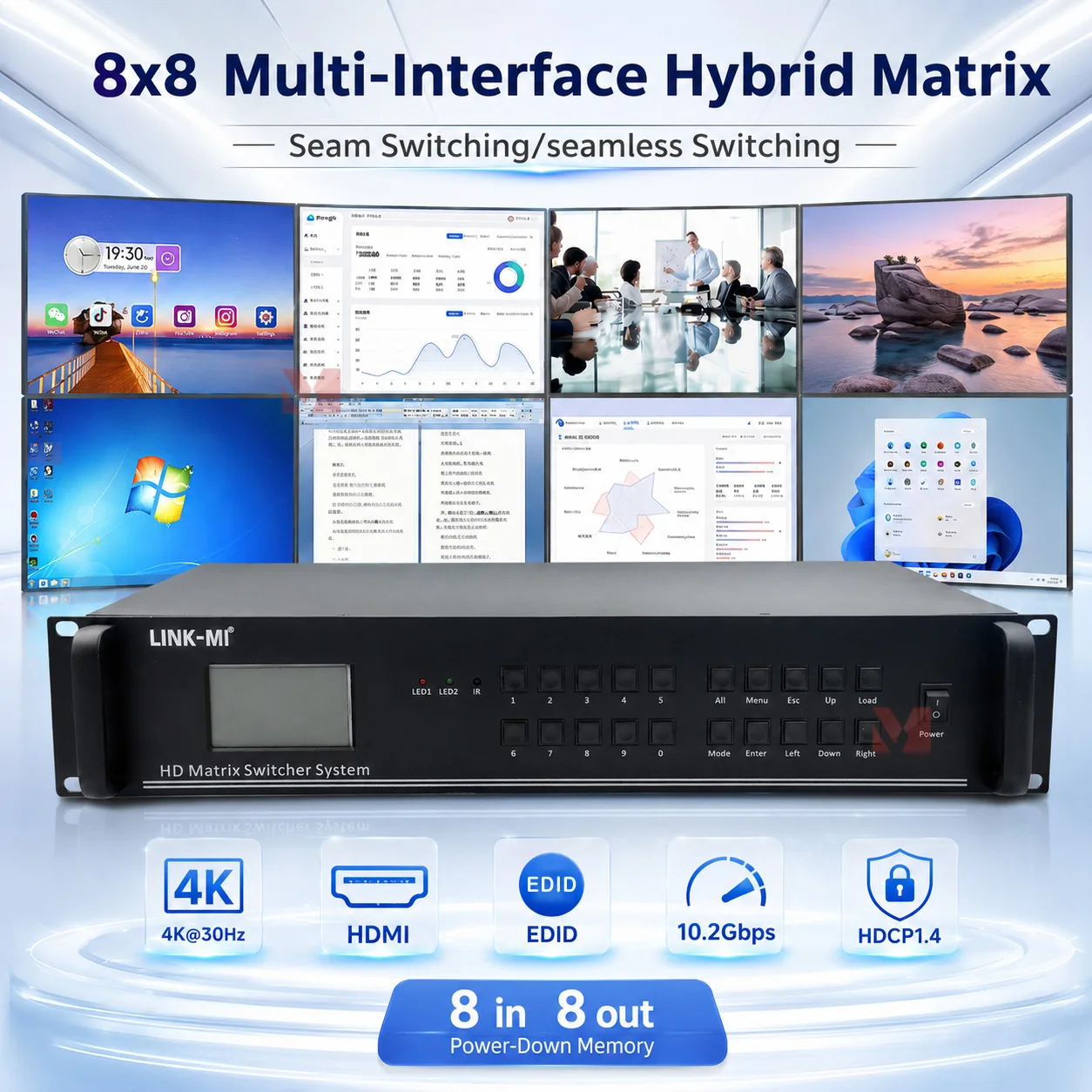 Hybrid Matrix Switcher System 4K UHD 8 input 8 output 3.4Gbps EDID TCP/IP For Blu-ray DVD
Hybrid Matrix Switcher System 4K UHD 8 input 8 output 3.4Gbps EDID TCP/IP For Blu-ray DVD