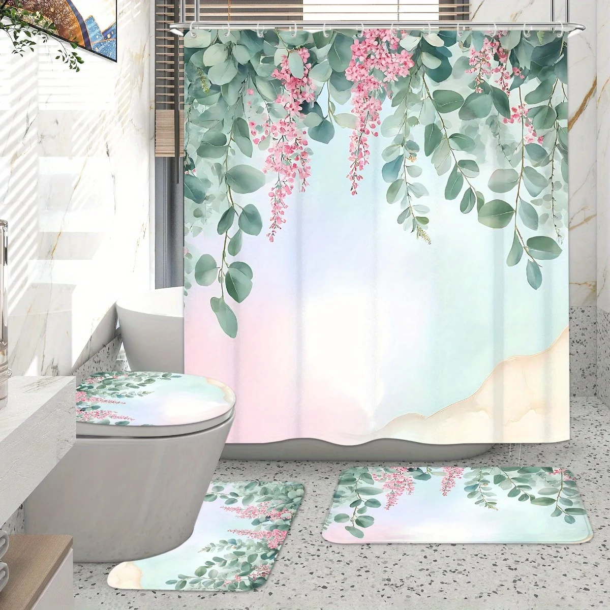 4-piece green leaf pink flower shower curtain set, high quality curtains with hooks, non-slip rug toilet seat cover U-shaped mat
4-piece green leaf pink flower shower curtain set, high quality curtains with hooks, non-slip rug toilet seat cover U-shaped mat