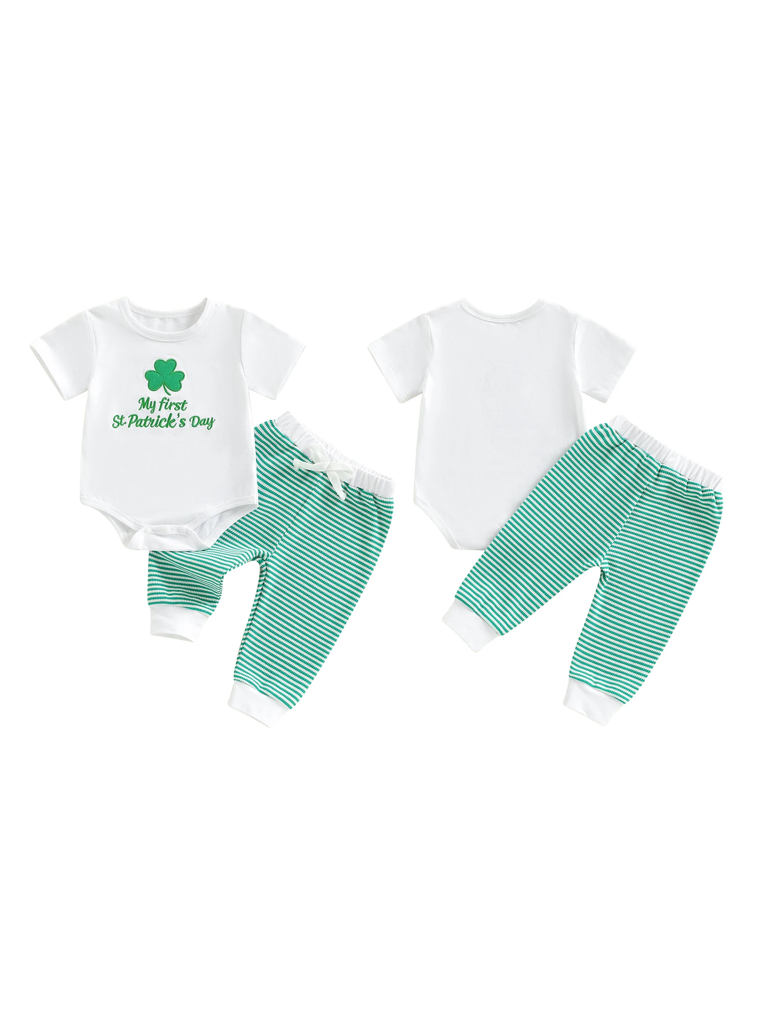 Adorable Baby Irish Outfit Stylish Long Sleeve Romper with Shamrock Embroidery and Matching Striped Pants - 2 Piece Set
Adorable Baby Irish Outfit Stylish Long Sleeve Romper with Shamrock Embroidery and Matching Striped Pants - 2 Piece Set