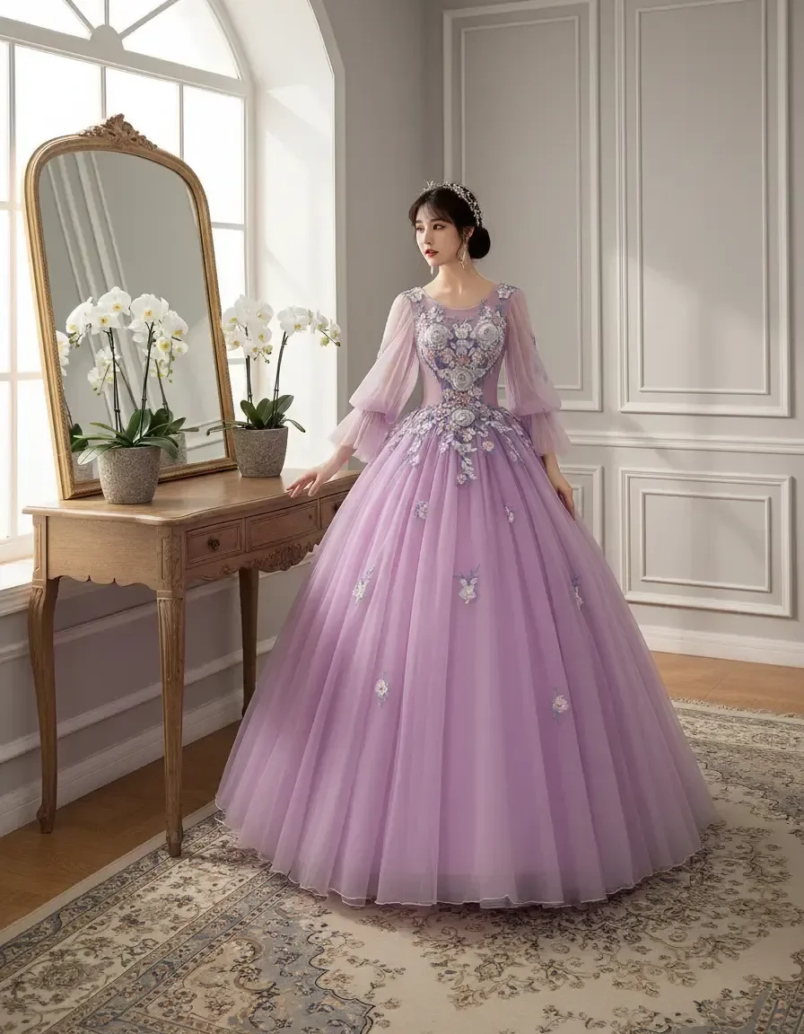 Lavender 3/4 Sleeve Floral Embroidery Tulle Ball Gown Back Lace Up Quinceanera Wedding Evening Prom Formal Dress Free Petticoat
Lavender 3/4 Sleeve Floral Embroidery Tulle Ball Gown Back Lace Up Quinceanera Wedding Evening Prom Formal Dress Free Petticoat