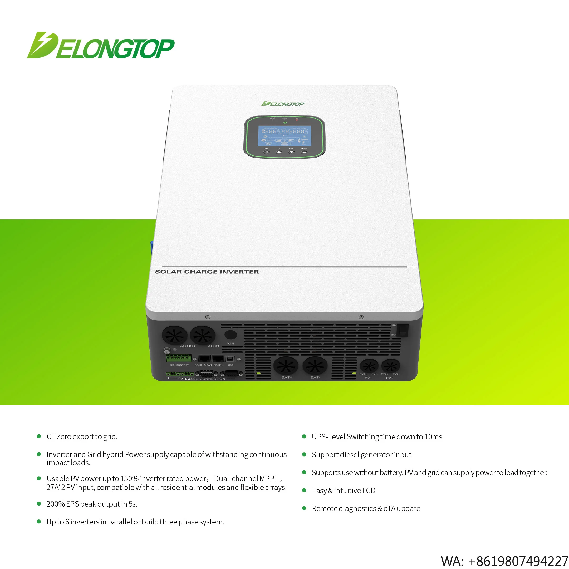 Delong Smart Solar Inverter 6.2kw 6kW 6200W 12kW 6.2KW WiFi APP Control 220V 48V Support Parallel Connection Single Phase Output
Delong Smart Solar Inverter 6.2kw 6kW 6200W 12kW 6.2KW WiFi APP Control 220V 48V Support Parallel Connection Single Phase Output
