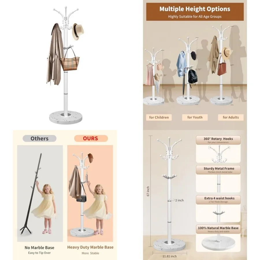 Metal Coat Rack with Natural Marble Base, 360°Rotary Coat Rack Stand with 14 Hooks, Modern Freestanging Coat Racks, White Coat
Metal Coat Rack with Natural Marble Base, 360°Rotary Coat Rack Stand with 14 Hooks, Modern Freestanging Coat Racks, White Coat