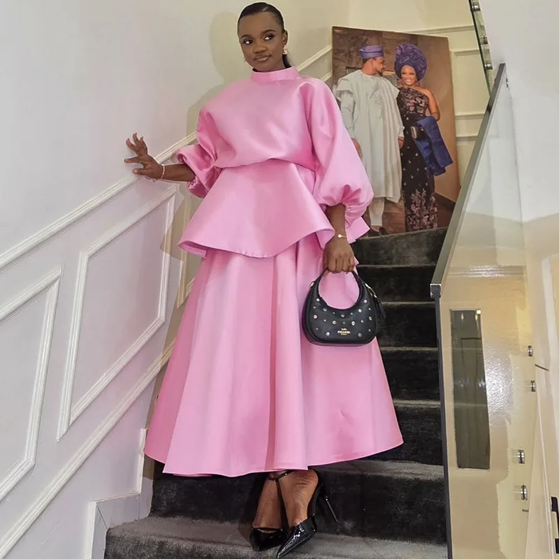 Womens Pink Satin Two Piece Set High Neck Puff Sleeve Peplum Top And Maxi Skirt Elegant Formal Party Outfit
Womens Pink Satin Two Piece Set High Neck Puff Sleeve Peplum Top And Maxi Skirt Elegant Formal Party Outfit