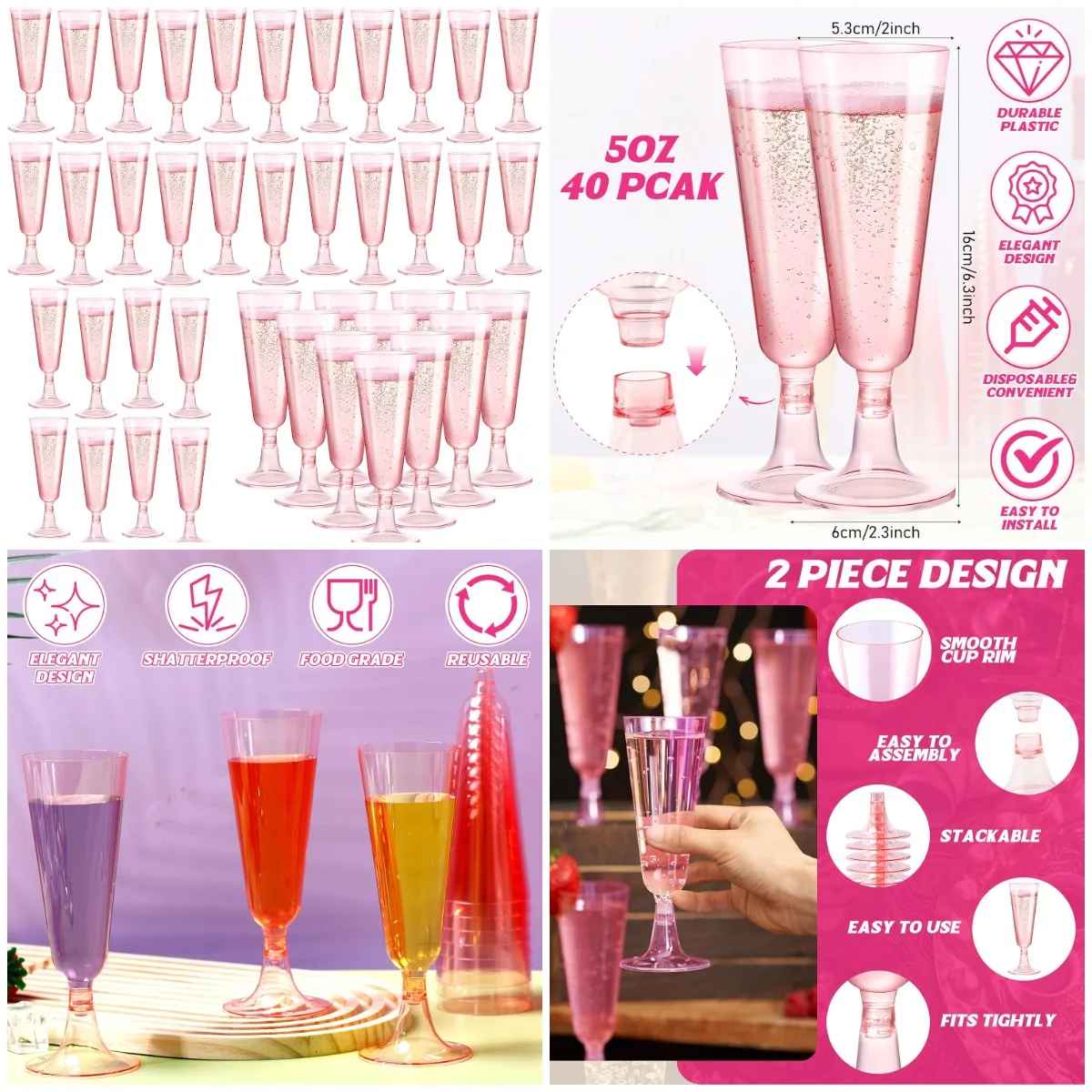 40 Pcs Pink Champagne Flutes, 5 Oz Disposable Plastic Wine Glasses for Wedding, Birthday, Bridal Shower
40 Pcs Pink Champagne Flutes, 5 Oz Disposable Plastic Wine Glasses for Wedding, Birthday, Bridal Shower