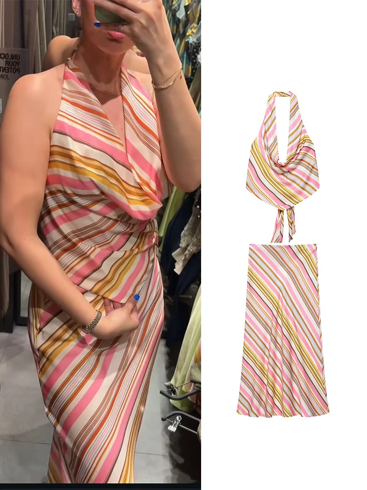 TFMLN New Women's Skirt 2 Piece Outfits Summer Sleeveless Halter Neck Striped Tank Tops Midi Straight Skirt Vacation Beachwear
TFMLN New Women's Skirt 2 Piece Outfits Summer Sleeveless Halter Neck Striped Tank Tops Midi Straight Skirt Vacation Beachwear