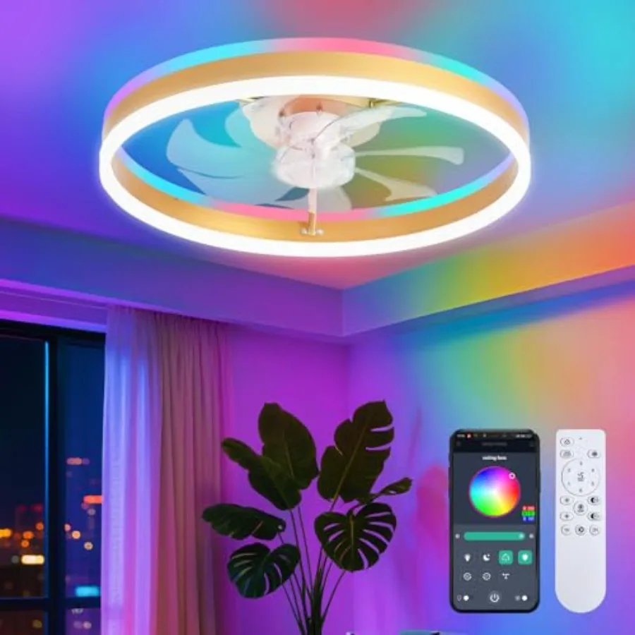RGB ceiling fan with light for bedroom, living room, kitchen; gold metal; gold; low profile flush mount, remote control, smart
RGB ceiling fan with light for bedroom, living room, kitchen; gold metal; gold; low profile flush mount, remote control, smart
