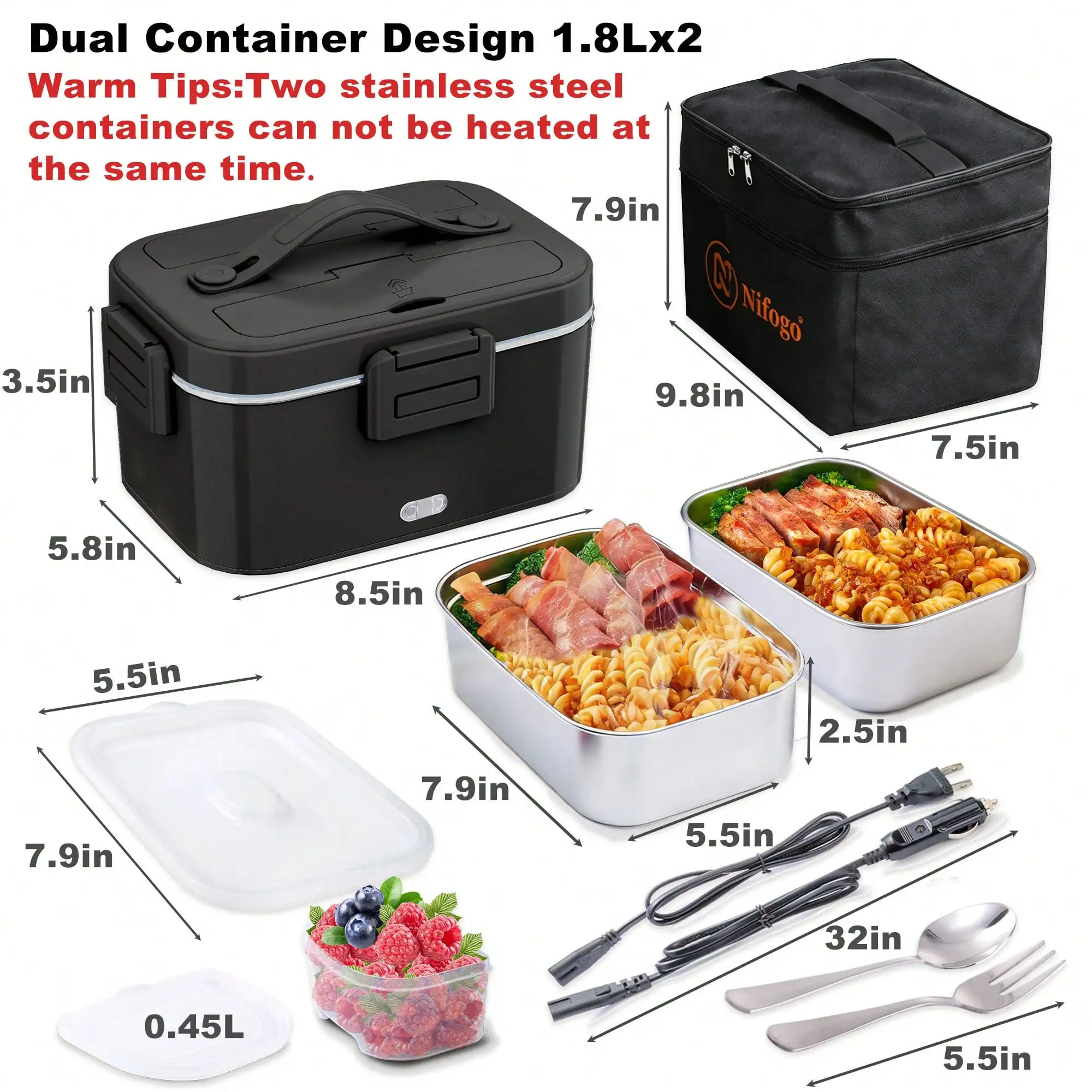 100W Electric Heated Lunch Box with 2 Pack 1.8L Stainless Steel Containers 12V/110V Car & Home Dual Use Portable Food Warmer, Includes Insulated Carry Bag, Spoon Fork & Fruit Box
100W Electric Heated Lunch Box with 2 Pack 1.8L Stainless Steel Containers 12V/110V Car & Home Dual Use Portable Food Warmer, Includes Insulated Carry Bag, Spoon Fork & Fruit Box