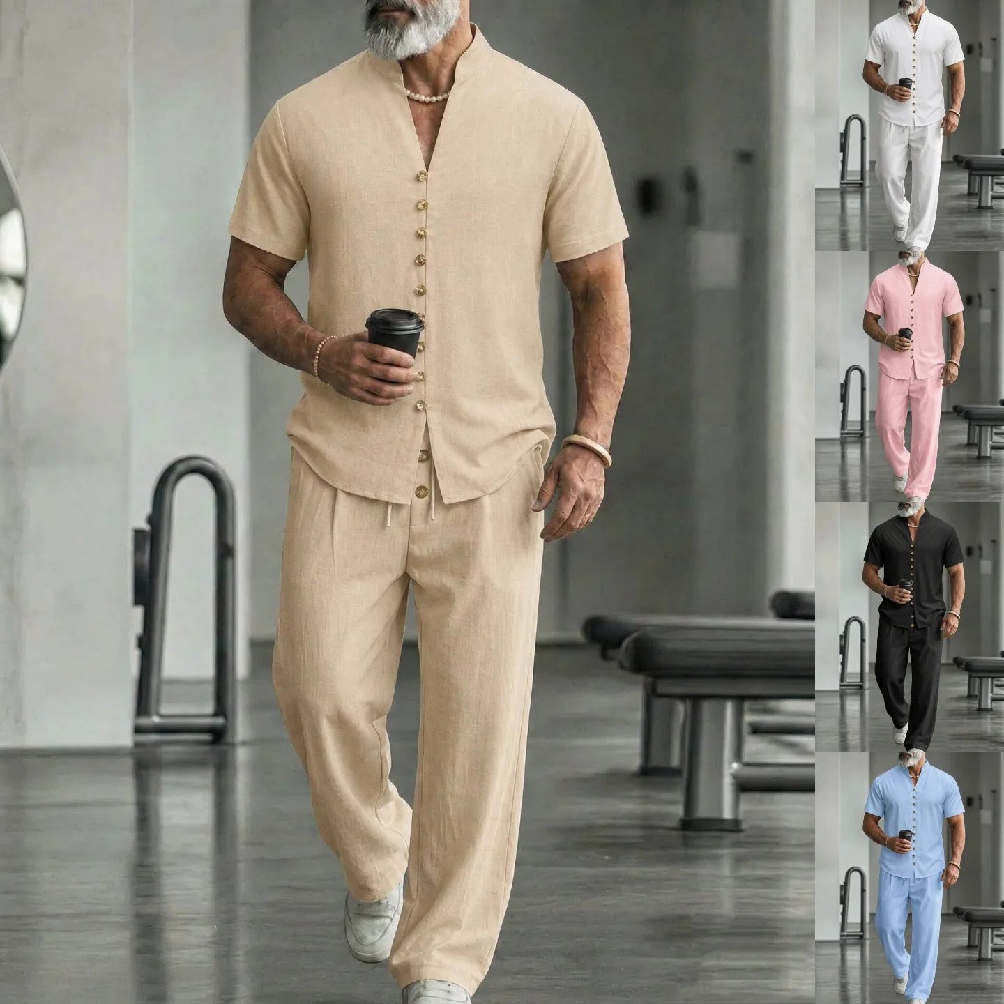 Summer men's new fashionable casual linen set, solid color with multiple buttons, breathable and comfortable two-piece set
Summer men's new fashionable casual linen set, solid color with multiple buttons, breathable and comfortable two-piece set