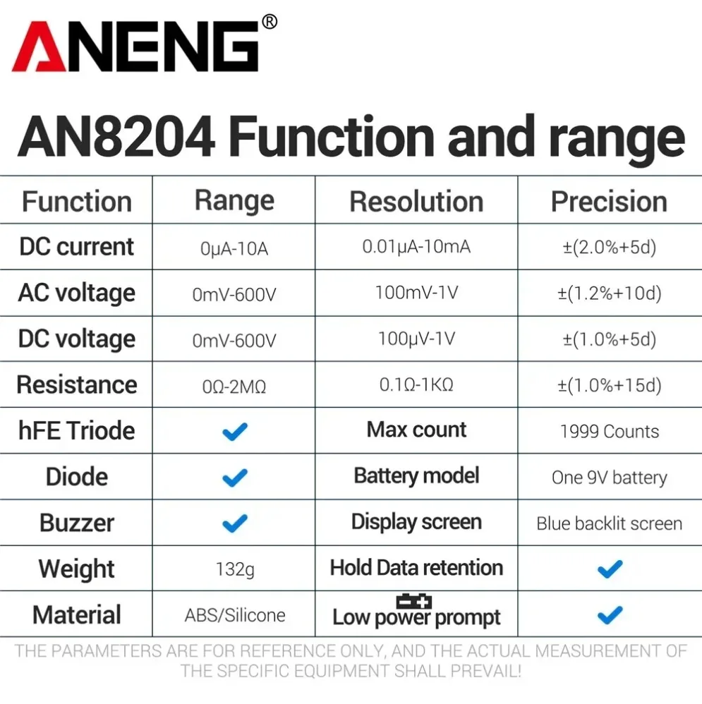 ANENG AN8204 Digita Multimeter 1999 Counts Non-contact Voltage Tester AC/DC Voltage High Precision hFE Triode Test Tools
ANENG AN8204 Digita Multimeter 1999 Counts Non-contact Voltage Tester AC/DC Voltage High Precision hFE Triode Test Tools