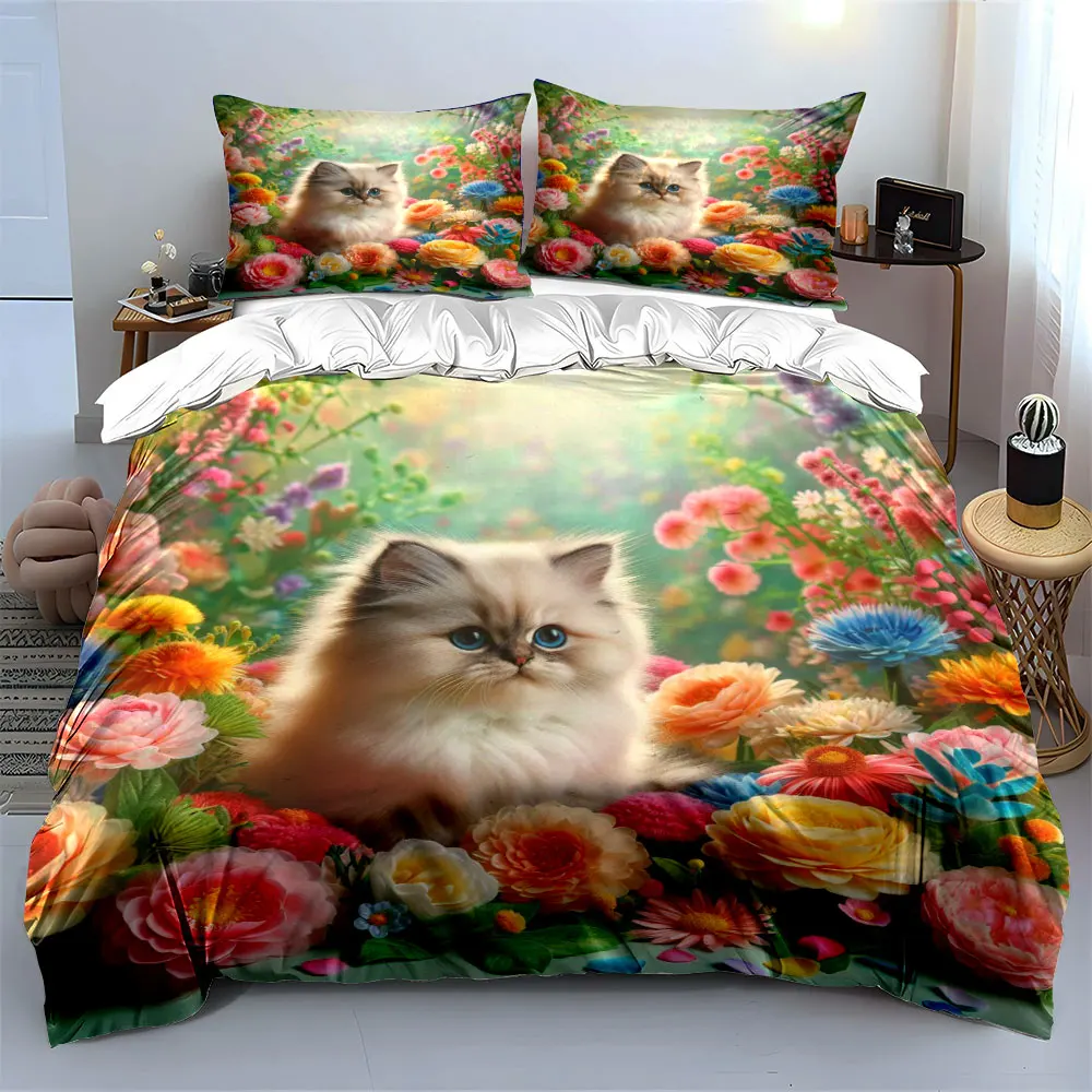 Adorable kitten in vibrant flowers Duvet Cover Set with 3D Printing Design Soft Polyester Bedding Set All-Season Comfort
Adorable kitten in vibrant flowers Duvet Cover Set with 3D Printing Design Soft Polyester Bedding Set All-Season Comfort