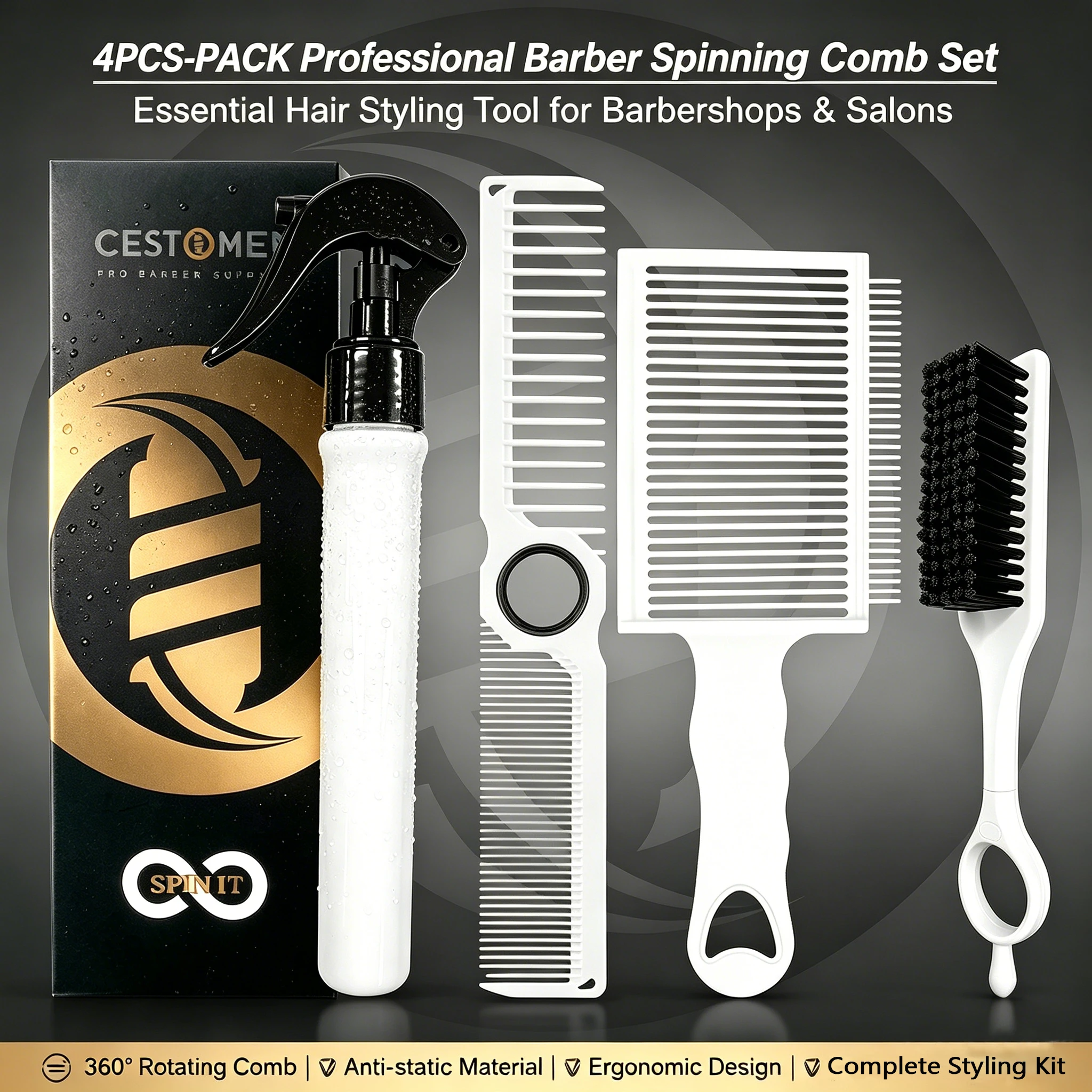 4PC/Set Pro Barber Spinning Dual Tooth Styling Combs Anti-static Fade Comb Fine Mist Spray Bottle Mini Cleaning Brush Salon Tool
4PC/Set Pro Barber Spinning Dual Tooth Styling Combs Anti-static Fade Comb Fine Mist Spray Bottle Mini Cleaning Brush Salon Tool