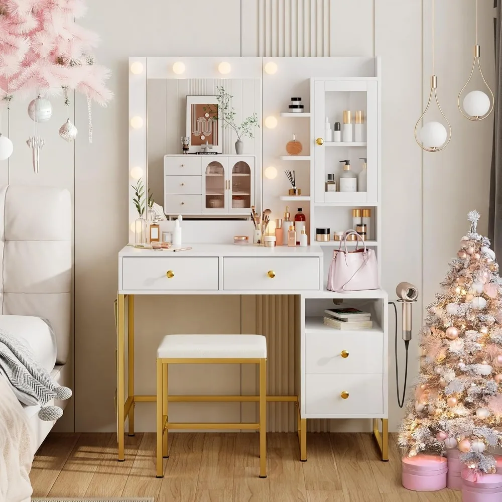 Makeup Vanity Desk with Mirror and 10 Lights, 3-Colour Hollywood Brighter Bulbs, Vanity Table Set with Large Drawers and and Cha
Makeup Vanity Desk with Mirror and 10 Lights, 3-Colour Hollywood Brighter Bulbs, Vanity Table Set with Large Drawers and and Cha