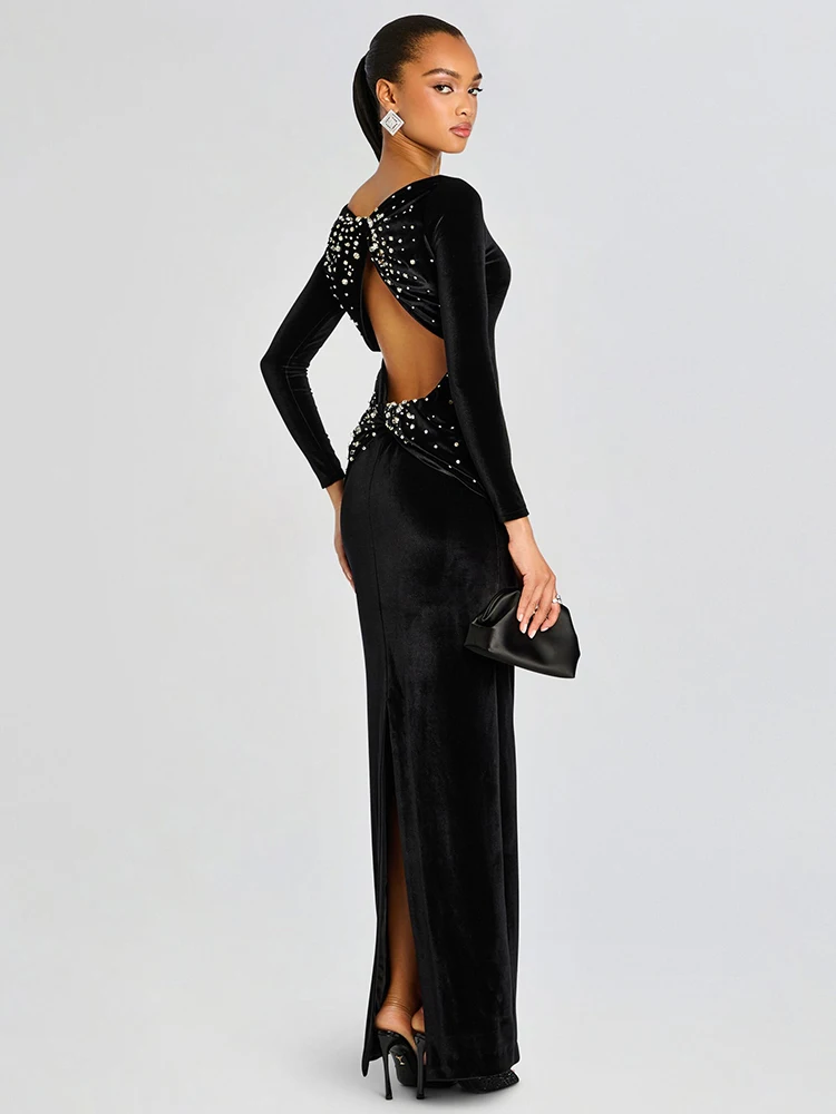 Black Velvet Long Sleeve Maxi Dress Women's Diamond Backless Formal Gown High Slit Evening Dress For Celebrity Party Vestido
Black Velvet Long Sleeve Maxi Dress Women's Diamond Backless Formal Gown High Slit Evening Dress For Celebrity Party Vestido