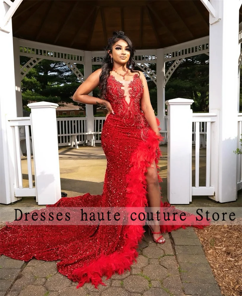 Red Sequins Feathers Prom Dress For Black Girl 2025 Crystal Beaded High Slit African Wedding Party Gown Formal Dress Customized
Red Sequins Feathers Prom Dress For Black Girl 2025 Crystal Beaded High Slit African Wedding Party Gown Formal Dress Customized