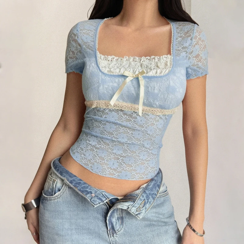 Y2k Sexy Lace Patchwork Short Sleeve T-shirts Women Elegant Square Collar Slim Fit Tshirts Ladies Summer Fashion Casual Tees Top
Y2k Sexy Lace Patchwork Short Sleeve T-shirts Women Elegant Square Collar Slim Fit Tshirts Ladies Summer Fashion Casual Tees Top