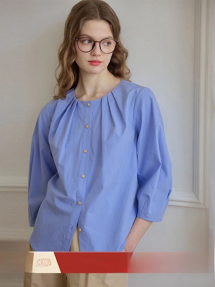 Simple Retro Blue Color Women's Shirt Pleated round Neck 7/8 Sleeve Waist Cinched Tie Cotton Blouse Commute Style
Simple Retro Blue Color Women's Shirt Pleated round Neck 7/8 Sleeve Waist Cinched Tie Cotton Blouse Commute Style