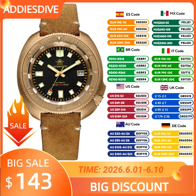ADDIESDIVE Top brand CUSN8 Bronze Case Automatic Mechanical Watch 200M Diving Super Luminous Watches AD2104 relogios masculinos
ADDIESDIVE Top brand CUSN8 Bronze Case Automatic Mechanical Watch 200M Diving Super Luminous Watches AD2104 relogios masculinos