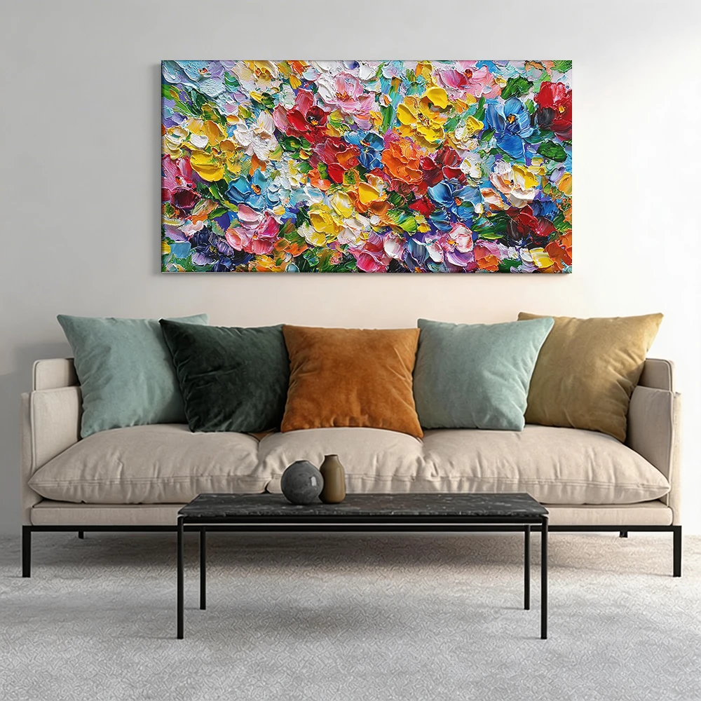 Large-sized solid wood frame canvas painting 1pc Oil-painted flower cluster, colorful.
Large-sized solid wood frame canvas painting 1pc Oil-painted flower cluster, colorful.