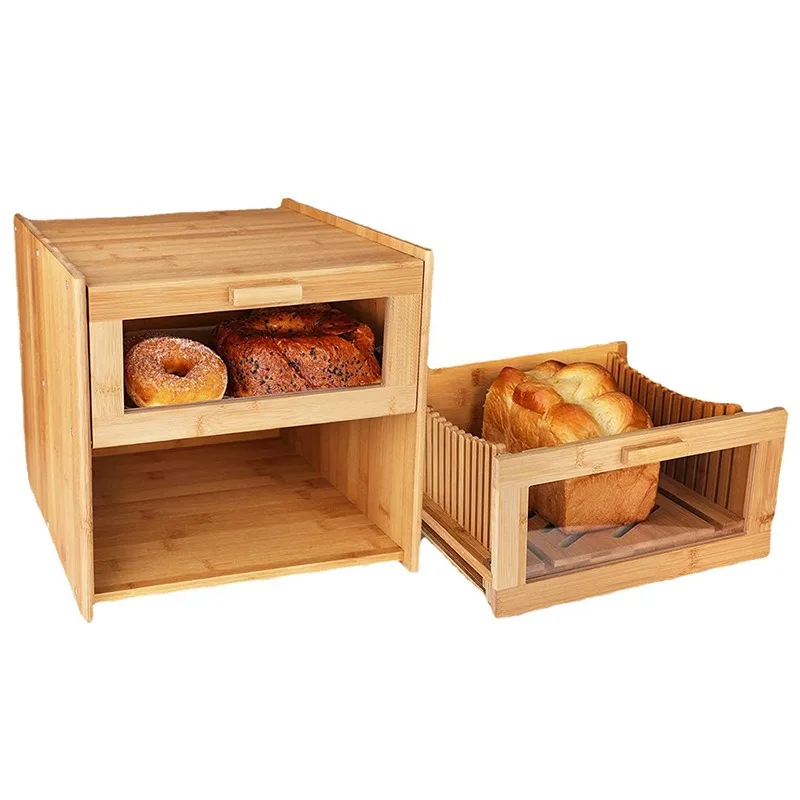 Bamboo bread box Household kitchen bread storage box With bread slicer Multi-purpose food storage box
Bamboo bread box Household kitchen bread storage box With bread slicer Multi-purpose food storage box