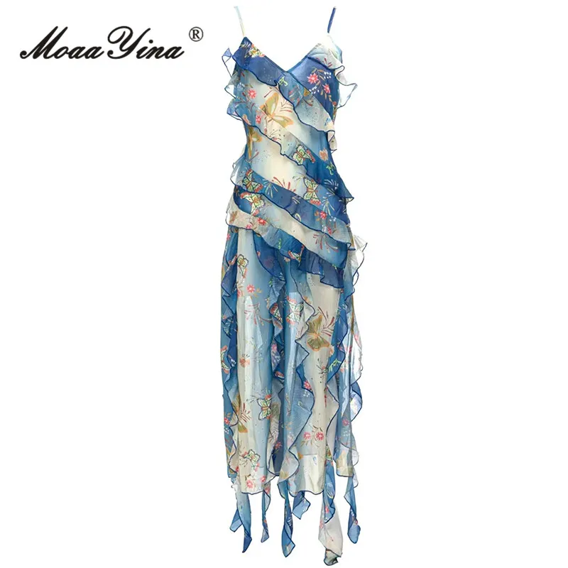 MoaaYina Summer Fashion Designer Vintage Print Chiffon Dress Women's V-Neck Sexy Backless Ruffles Side Split Sling Long Dress
MoaaYina Summer Fashion Designer Vintage Print Chiffon Dress Women's V-Neck Sexy Backless Ruffles Side Split Sling Long Dress