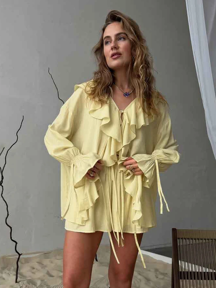 Talenza Women's Ruffle Shorts Two Piece Set Casual Ruffle Loose Lace-up Top Slim Shorts Set Summer Office Lady Female Shorts Set
Talenza Women's Ruffle Shorts Two Piece Set Casual Ruffle Loose Lace-up Top Slim Shorts Set Summer Office Lady Female Shorts Set