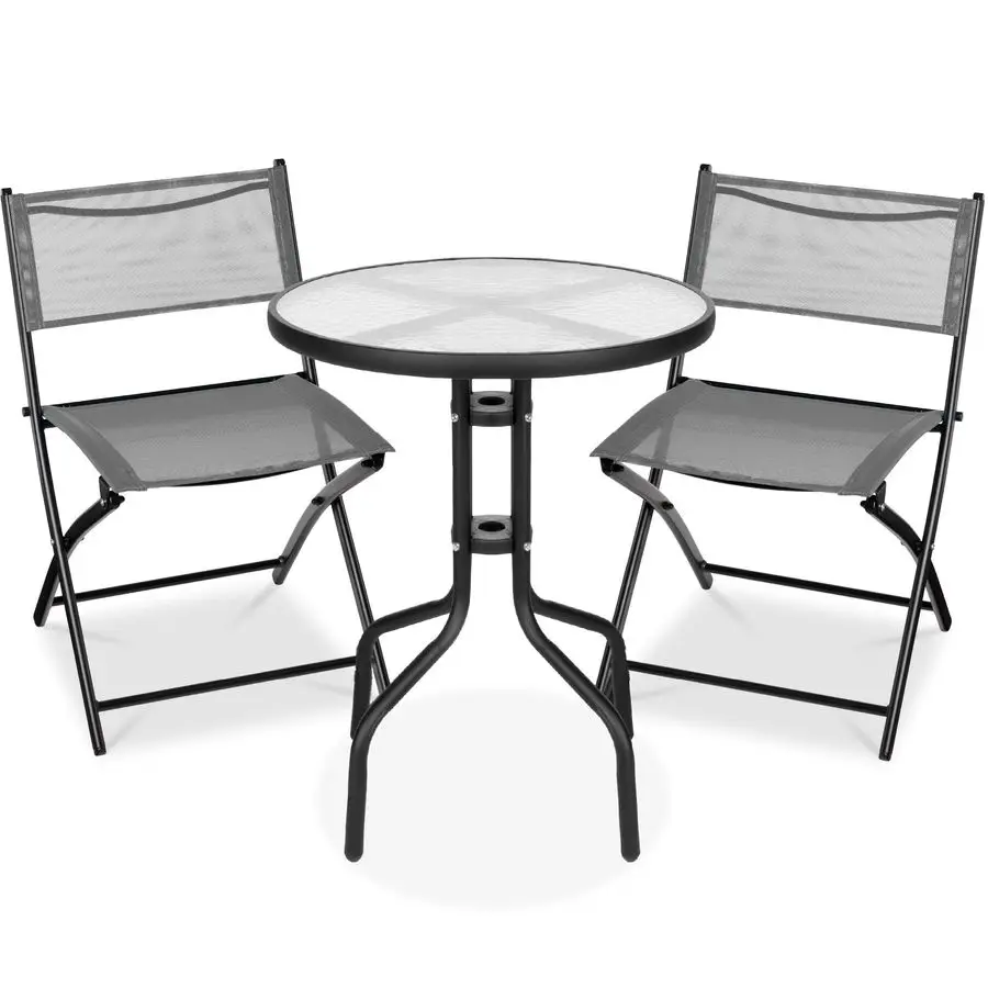 Комплект обеденной мебели для патио-бистро со стеклянной столешницей, 2 складными стульями, стальной каркас, полиэфирная ткань серого цвета
Комплект обеденной мебели для патио-бистро со стеклянной столешницей, 2 складными стульями, стальной каркас, полиэфирная ткань серого цвета