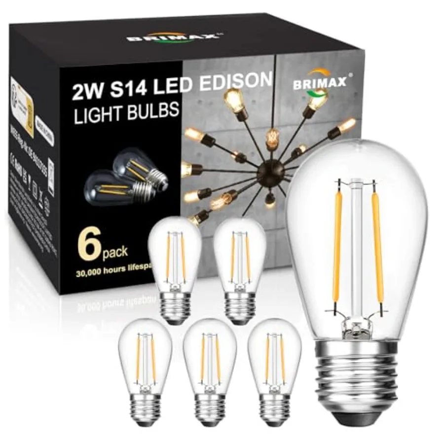6 Pack 2W LED Light Bulbs, Equivalent to 15W-20W, Low Watt Small S14 Replacement Bulbs for Outdoor String Lights and Sputnik Ch
6 Pack 2W LED Light Bulbs, Equivalent to 15W-20W, Low Watt Small S14 Replacement Bulbs for Outdoor String Lights and Sputnik Ch