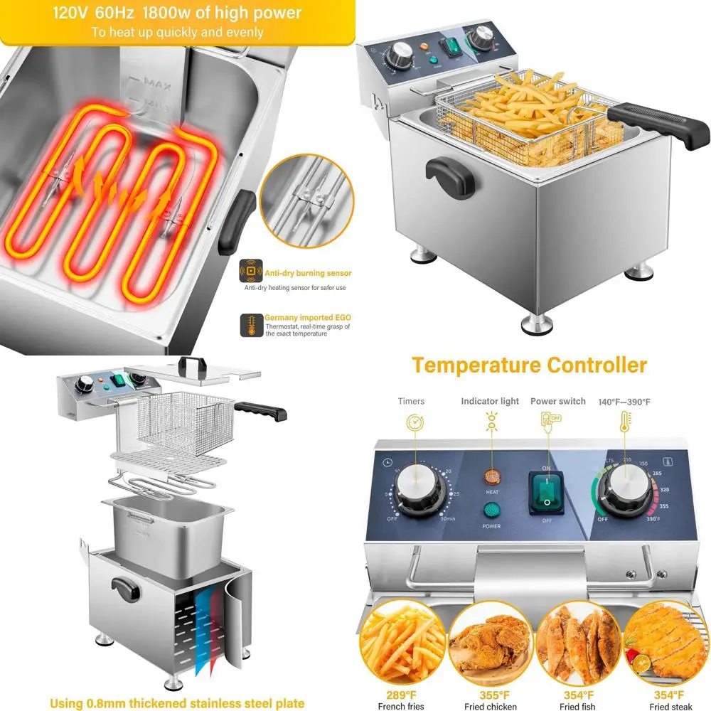 13L 13.7QT Electric Deep Fryer, 1800W, 120V, with Temperature Control and Timer, Ideal for Commercial and Home Kitchens
13L 13.7QT Electric Deep Fryer, 1800W, 120V, with Temperature Control and Timer, Ideal for Commercial and Home Kitchens