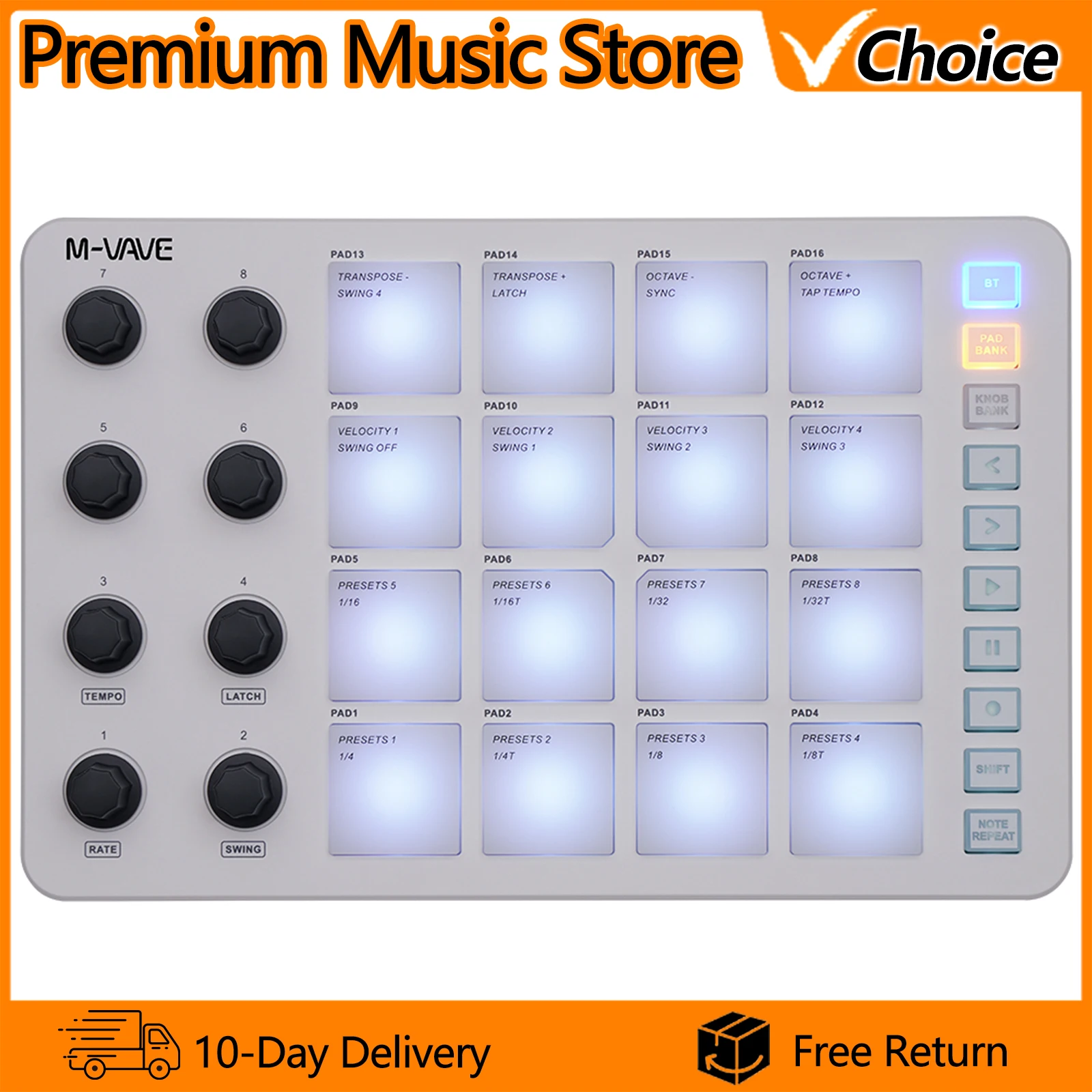 M-VAVE SMC-PAD Wireless Midi Pad Controller-16 Rgb Velocity Pads 8 Assignable Knobs USB-C Rechargeable for Daw&live Performance
M-VAVE SMC-PAD Wireless Midi Pad Controller-16 Rgb Velocity Pads 8 Assignable Knobs USB-C Rechargeable for Daw&live Performance