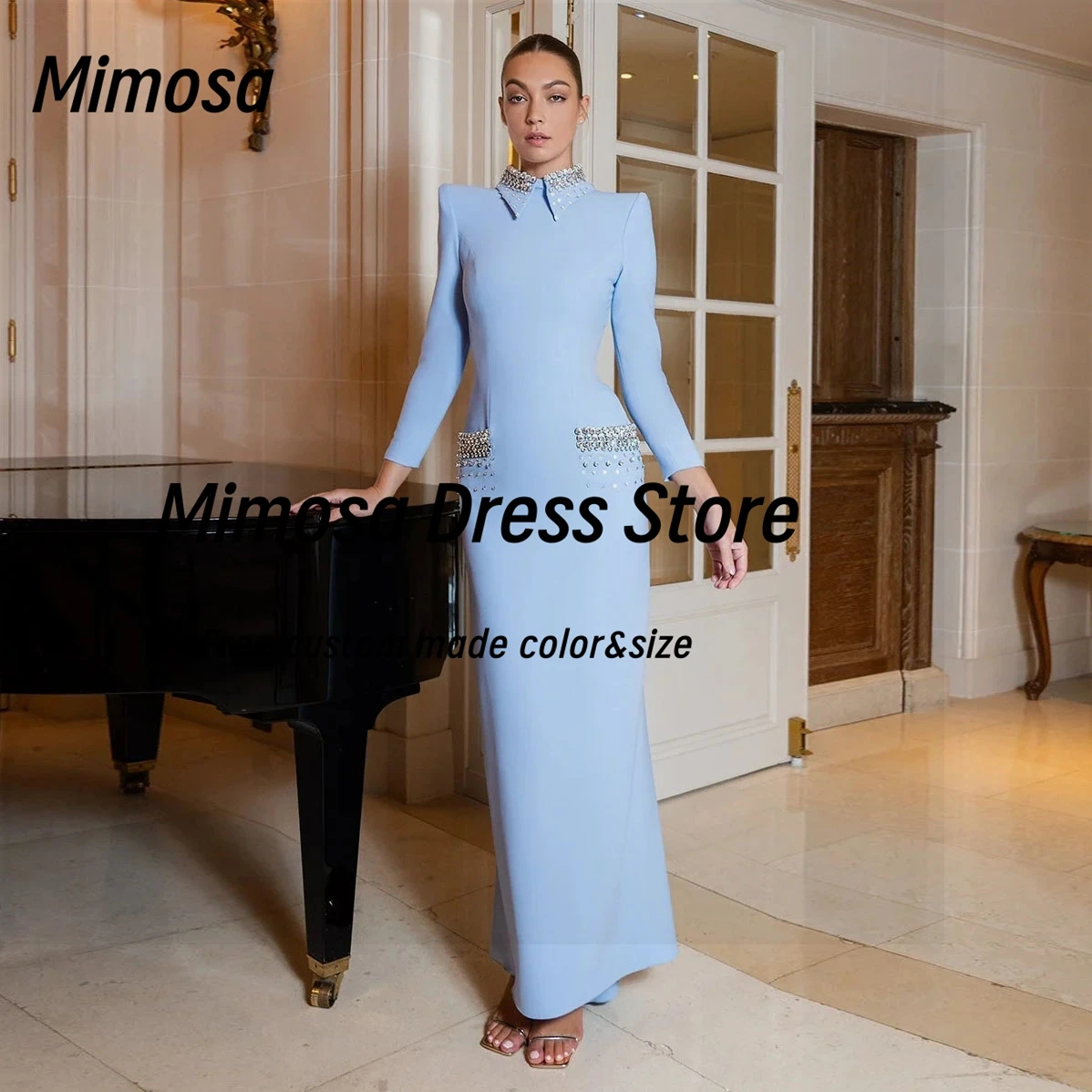 Mimosa Lapel High Collar Evening Dresses with Crystals Long Sleeves Prom Dress Zipper Back Formal Occasion Gowns Customized
Mimosa Lapel High Collar Evening Dresses with Crystals Long Sleeves Prom Dress Zipper Back Formal Occasion Gowns Customized