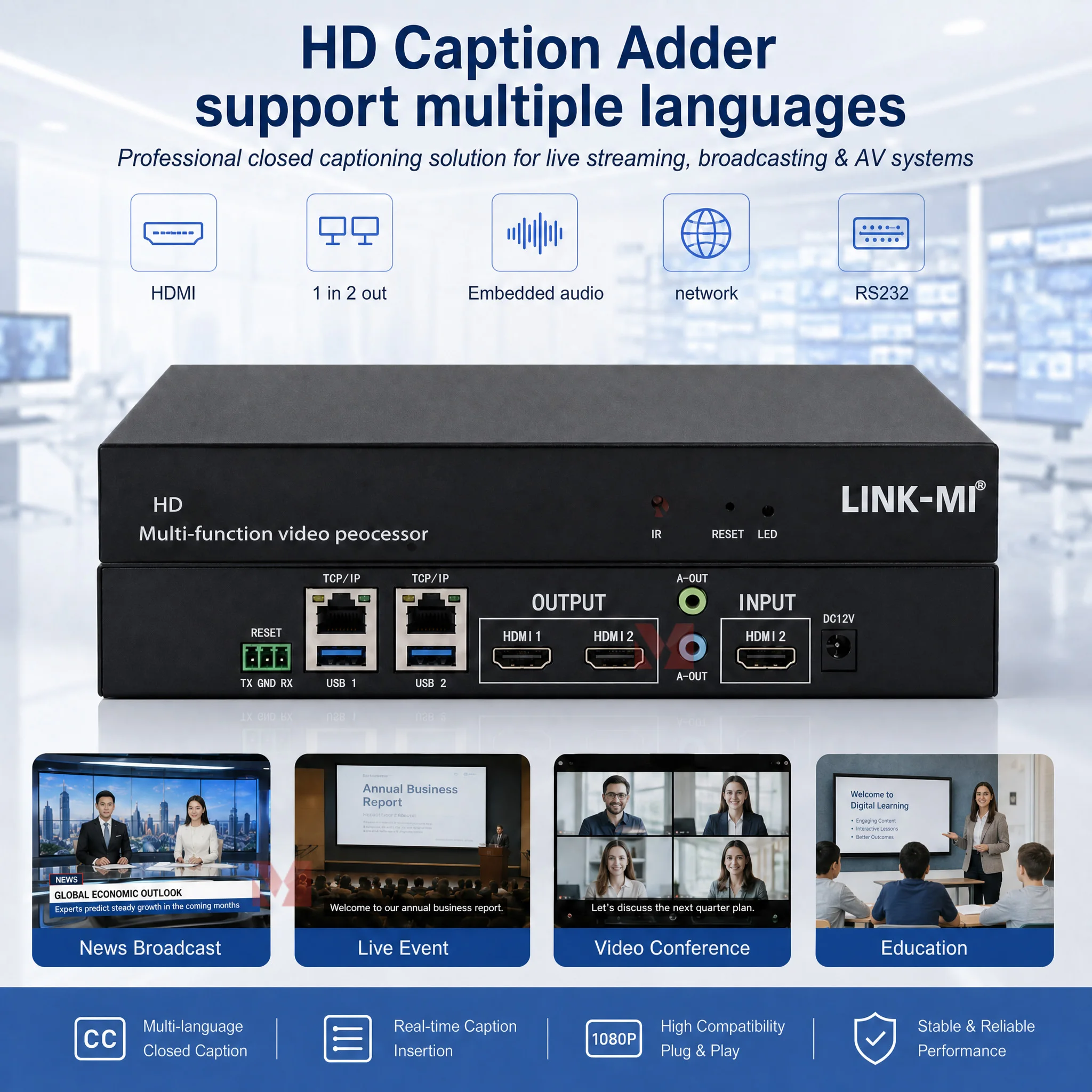 HD Caption Adder HDMI and Superimpose pictures and texts in various formats on the HDMI signal
HD Caption Adder HDMI and Superimpose pictures and texts in various formats on the HDMI signal