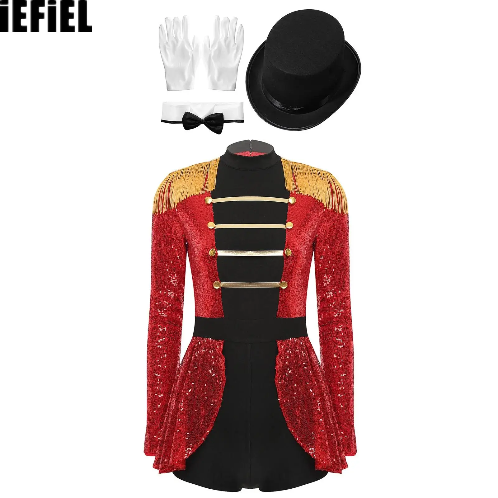 Womens Circus Ringmaster Party Set Sequin Bodysuit Hat Bow Fake Collar And White Gloves 4-Piece Set for Halloween Magician
Womens Circus Ringmaster Party Set Sequin Bodysuit Hat Bow Fake Collar And White Gloves 4-Piece Set for Halloween Magician