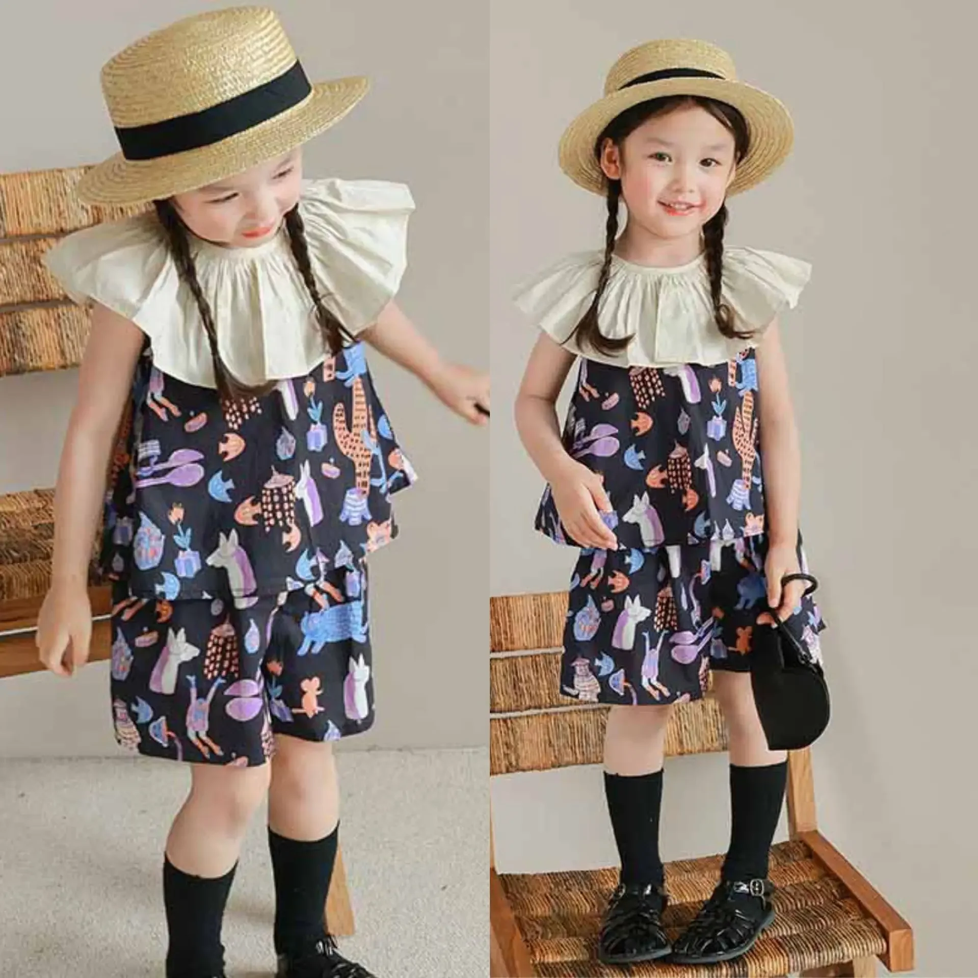 Girls' Set Summer New Contrasting Doll Collar Short Sleeveless+Animal Pattern Shorts Fashionable and Personalized Clothing Suit
Girls' Set Summer New Contrasting Doll Collar Short Sleeveless+Animal Pattern Shorts Fashionable and Personalized Clothing Suit